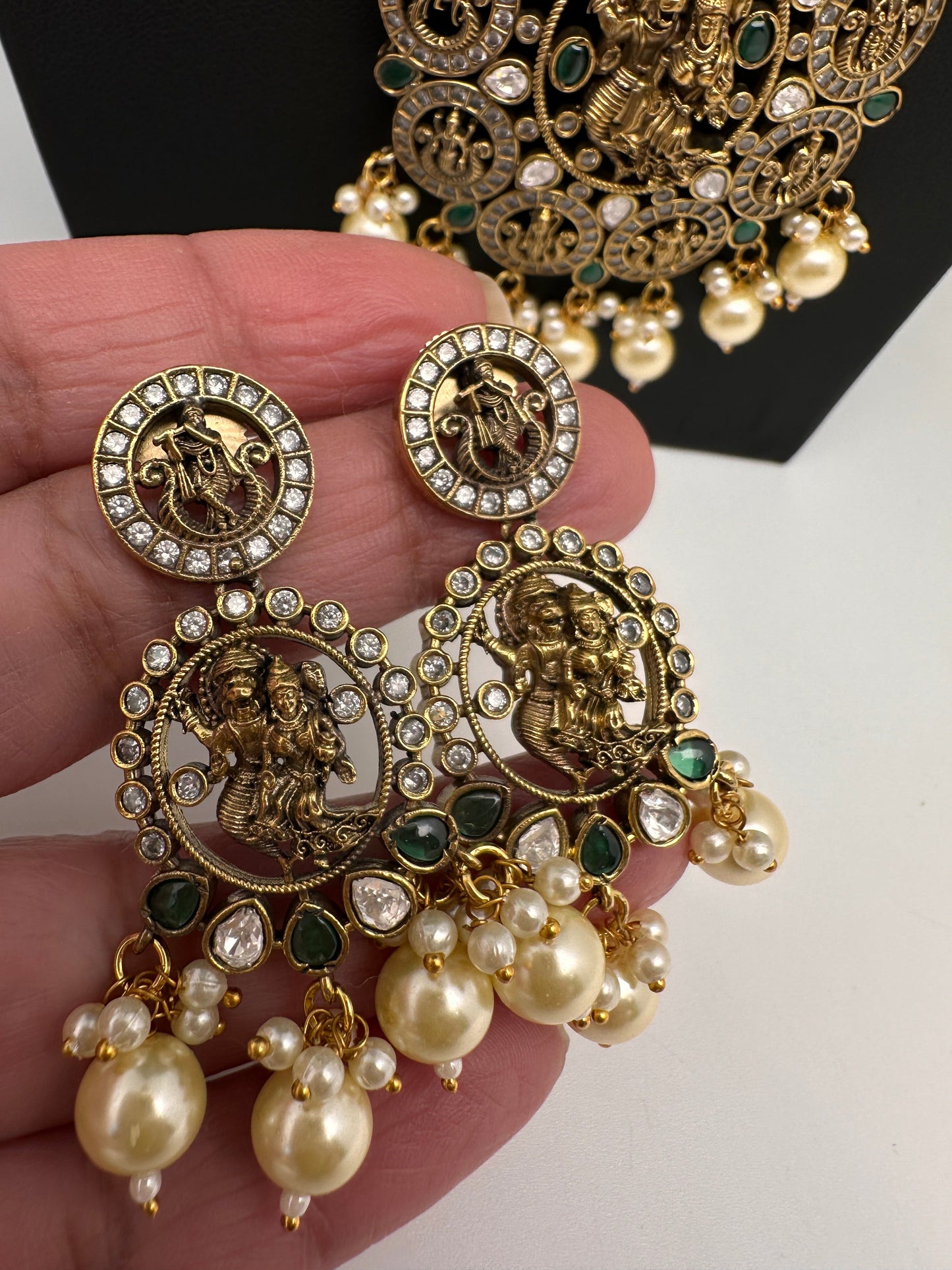 Victorian Dashavatar Beads Color Stone Long Necklace - Green
