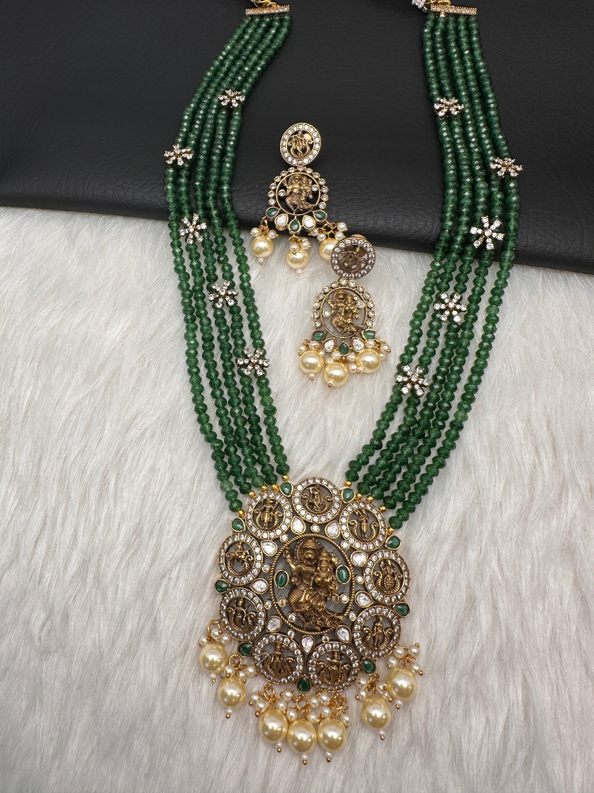 Victorian Dashavatar Beads Color Stone Long Necklace - Green