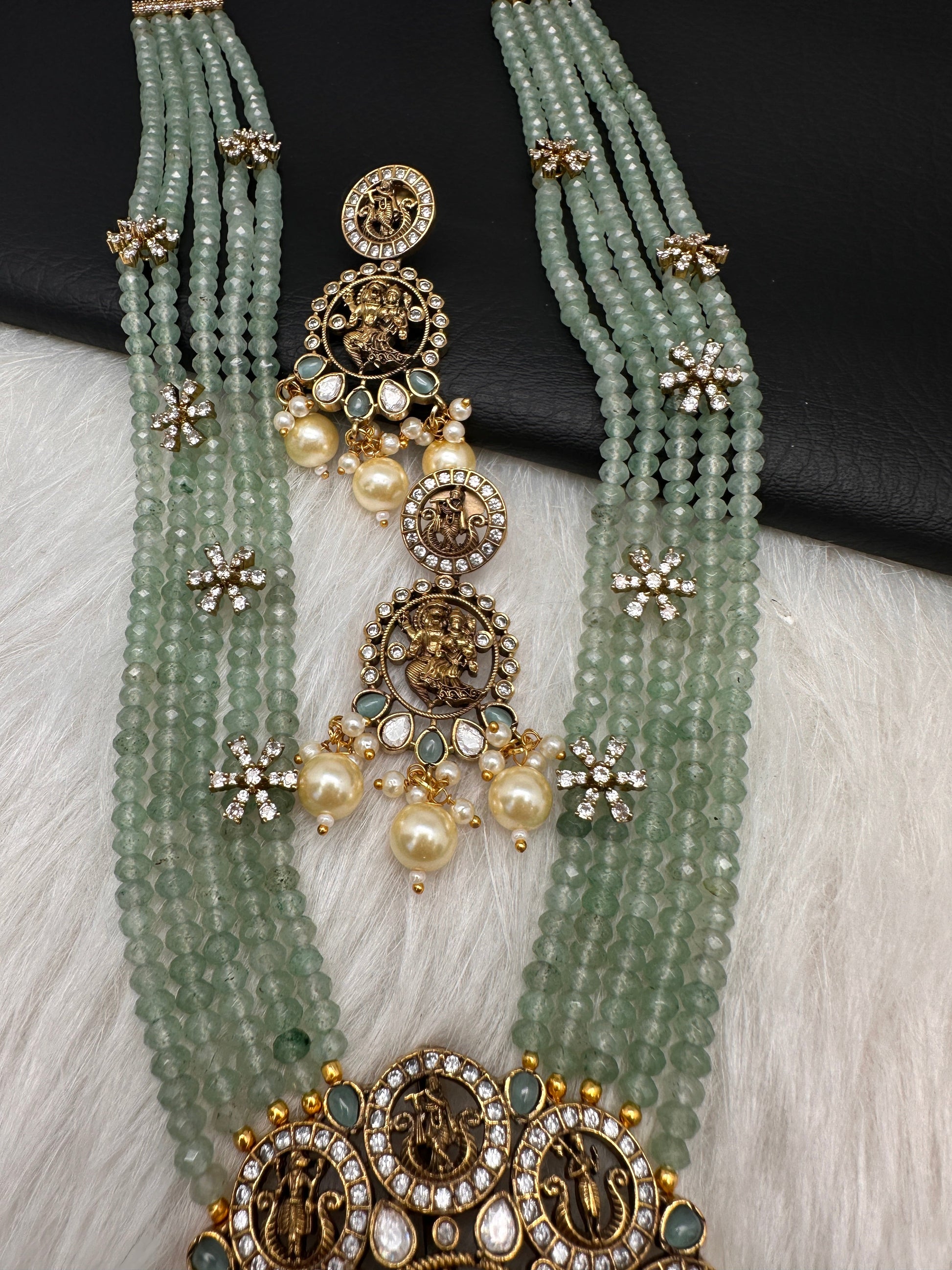 Victorian Dashavatar Beads Color Stone Long Necklace - LightGreen