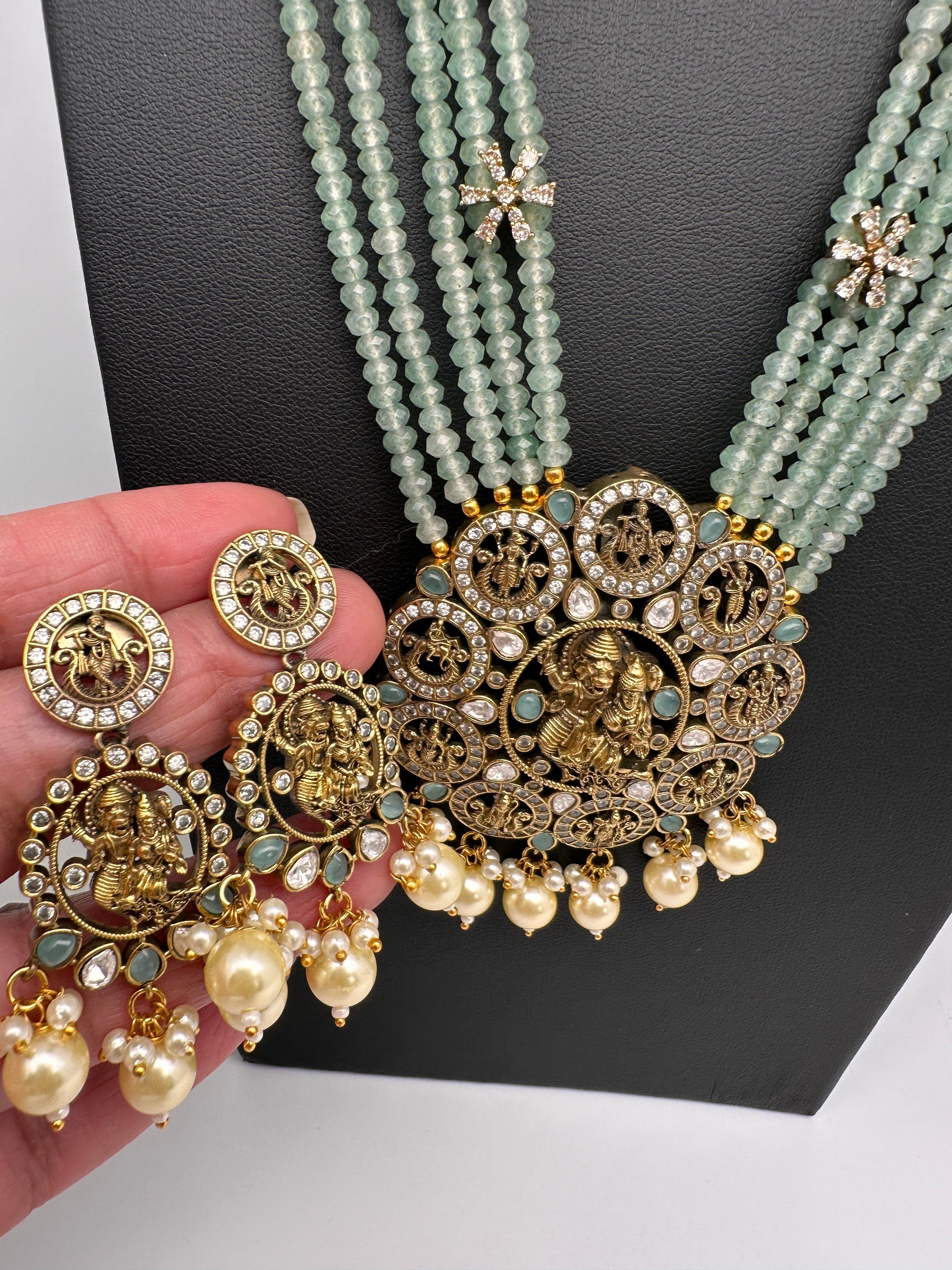 Victorian Dashavatar Beads Color Stone Long Necklace - LightGreen