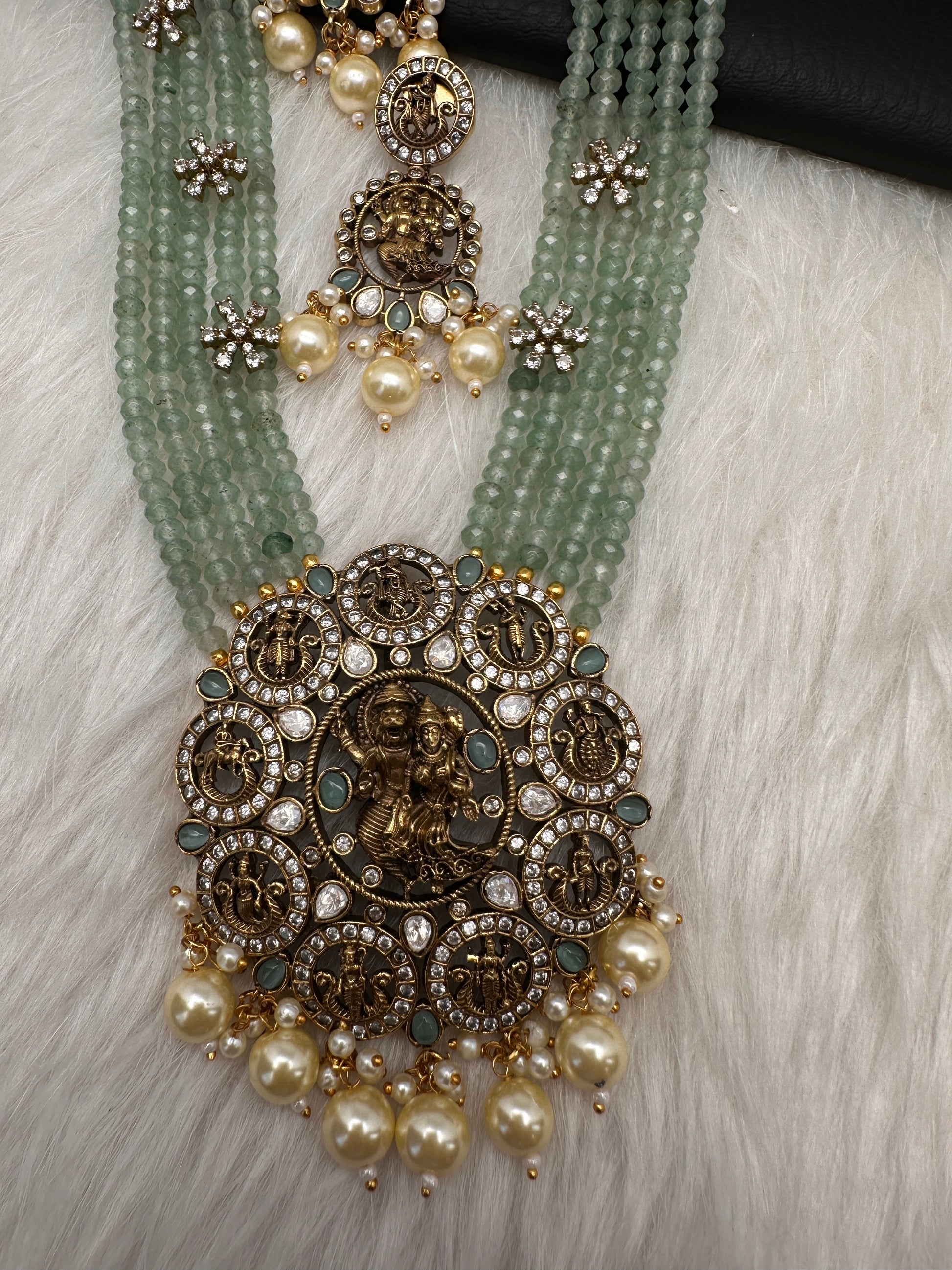Victorian Dashavatar Beads Color Stone Long Necklace - LightGreen