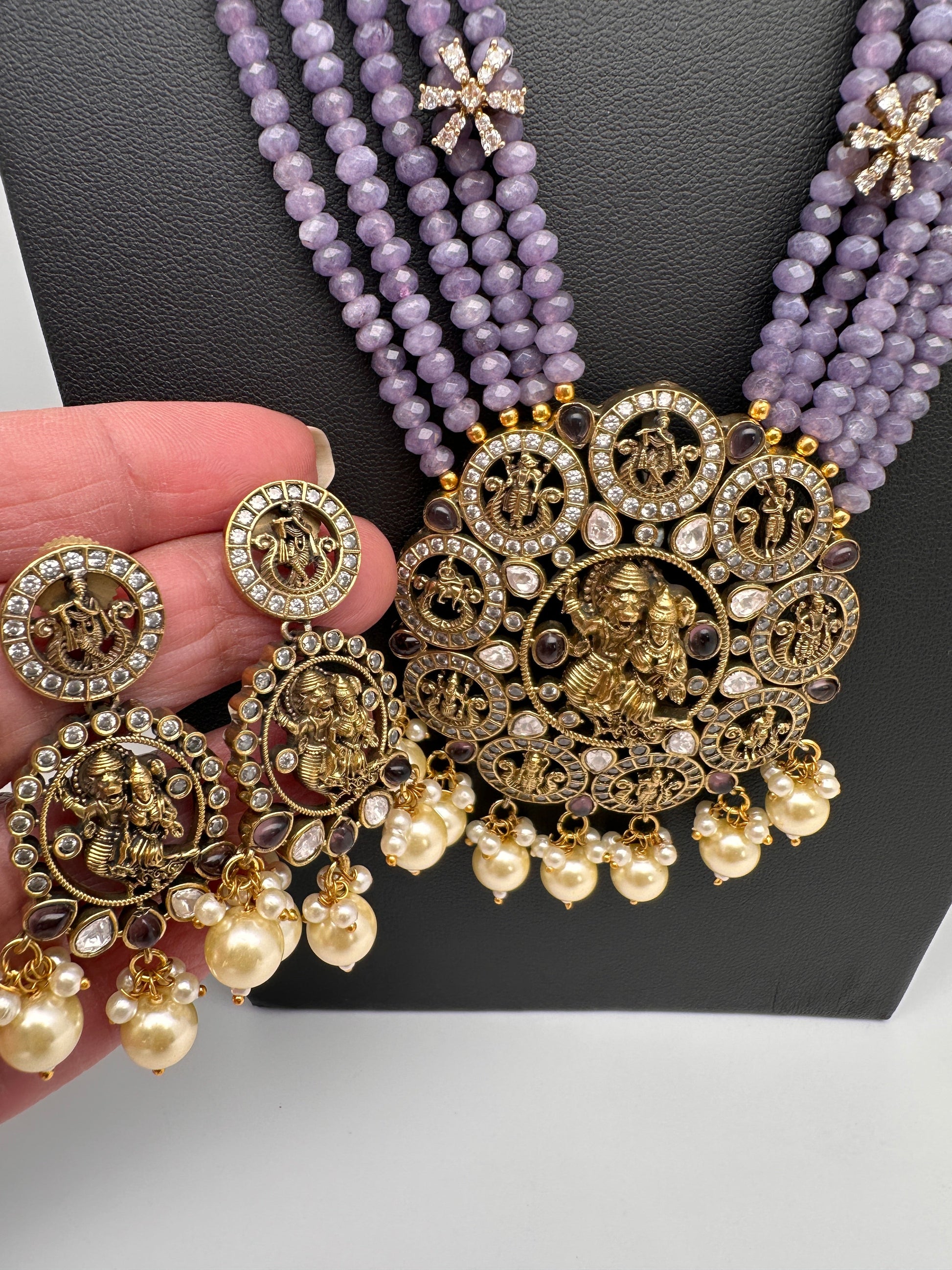 Victorian Dashavatar Beads Color Stone Long Necklace - Purple