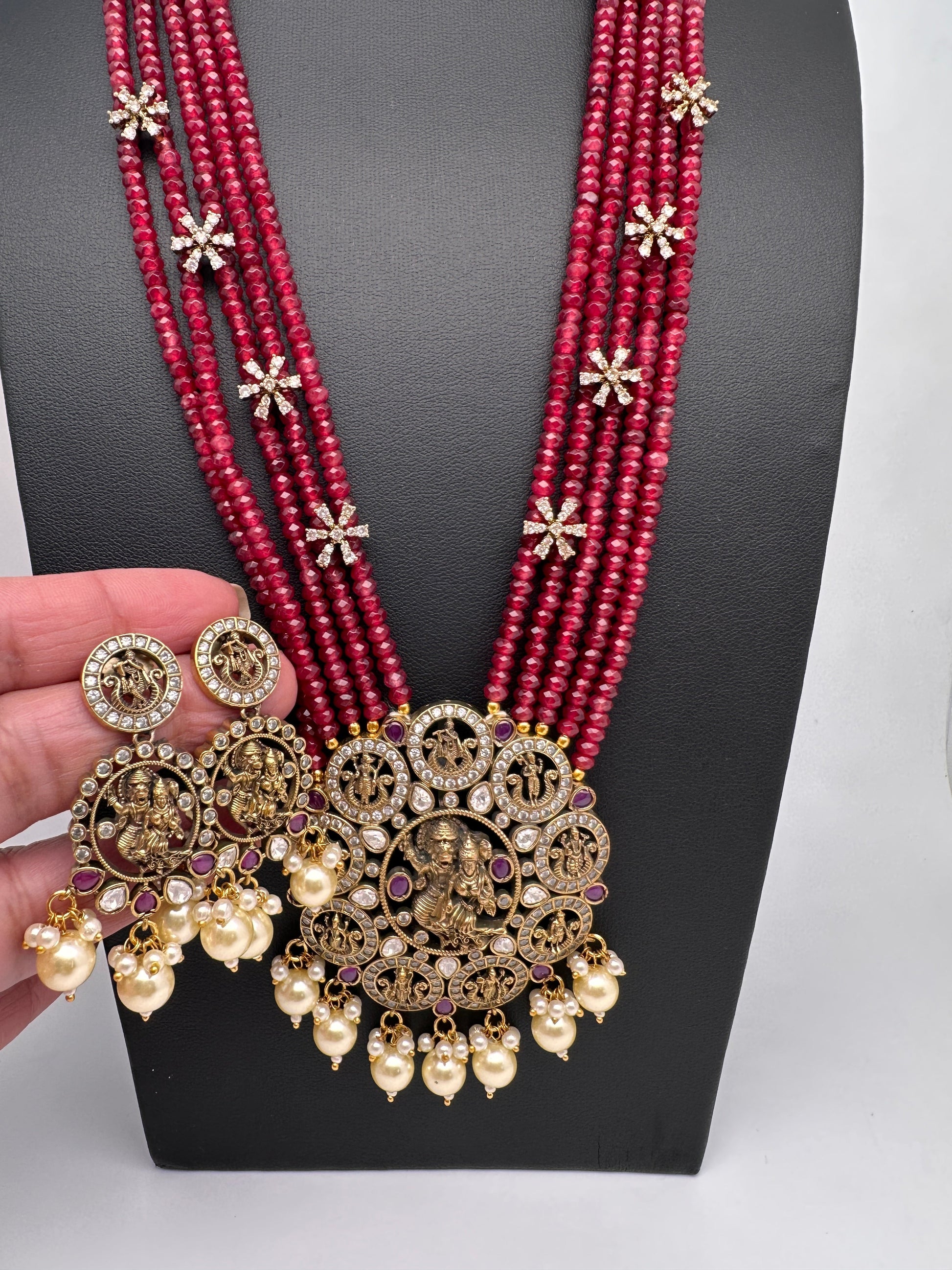 Victorian Dashavatar Beads Color Stone Long Necklace - Red