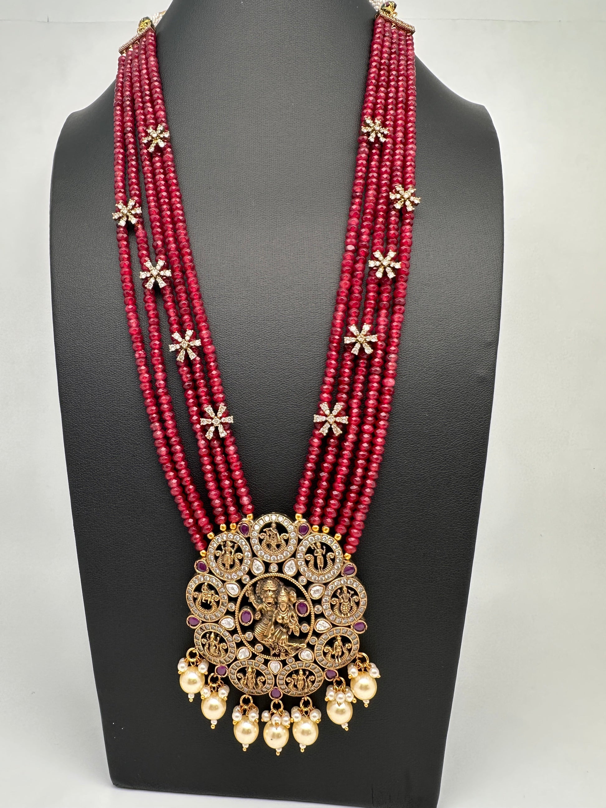 Victorian Dashavatar Beads Color Stone Long Necklace - Red