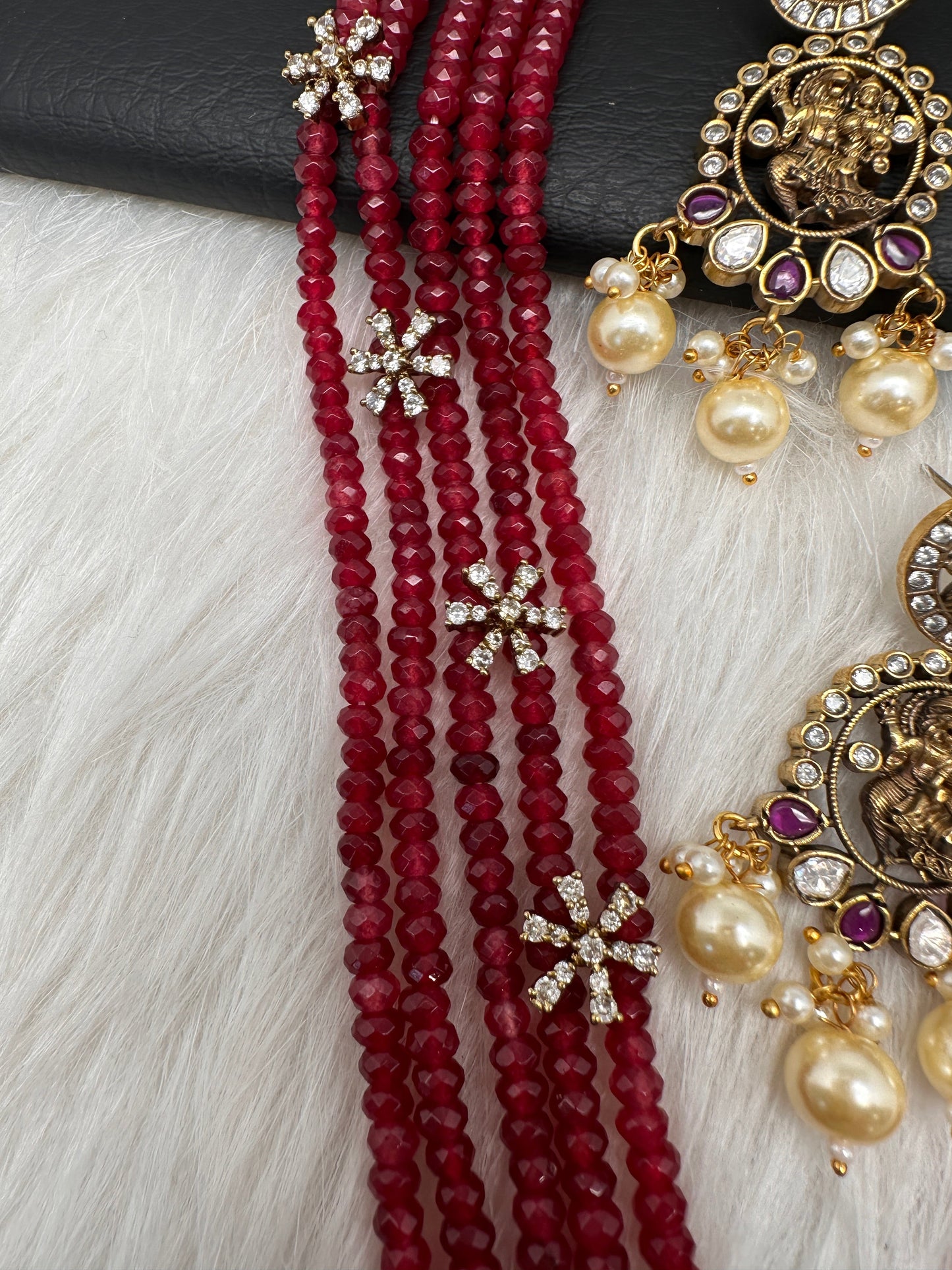 Victorian Dashavatar Beads Color Stone Long Necklace - Red