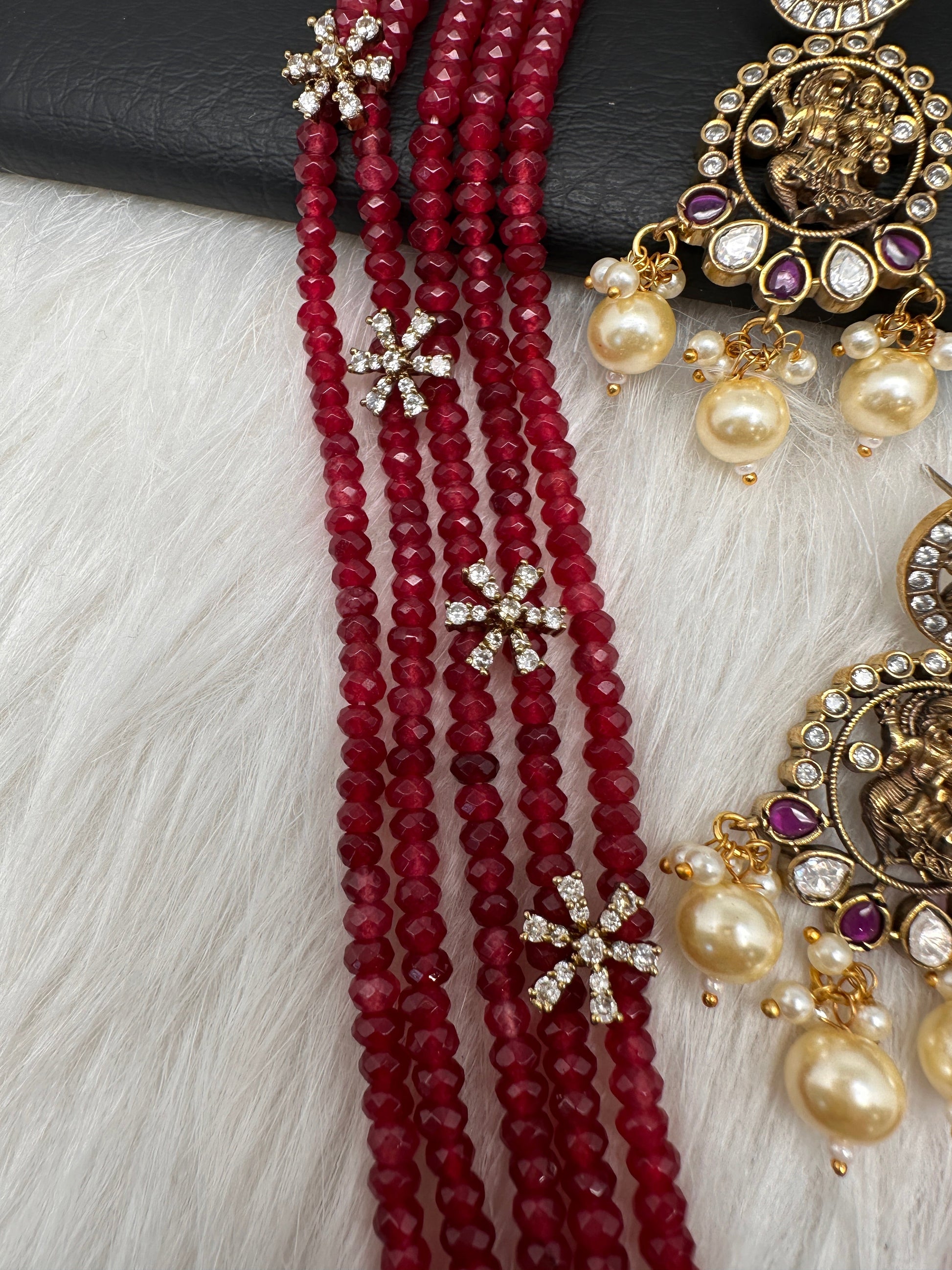 Victorian Dashavatar Beads Color Stone Long Necklace - Red