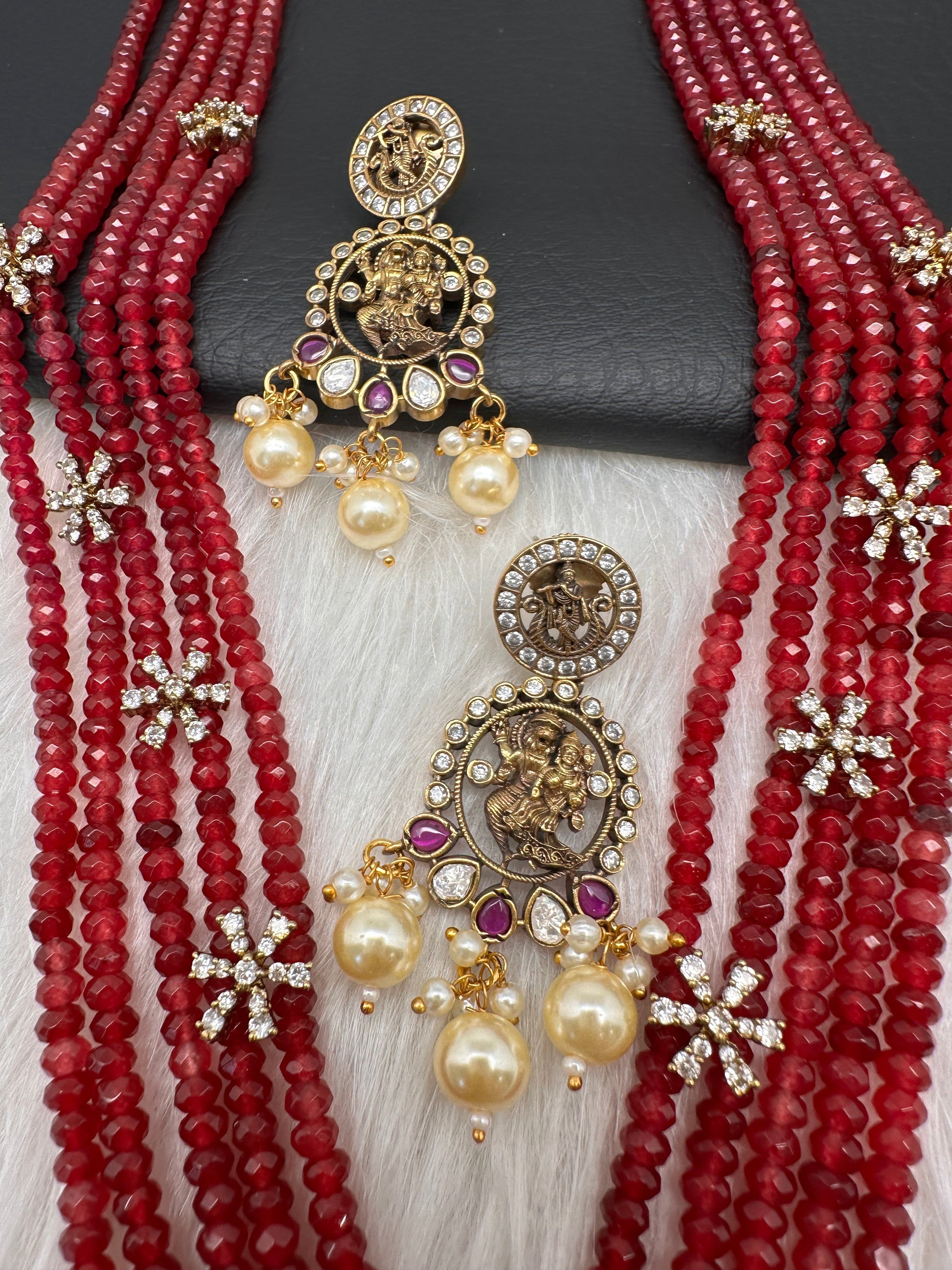 Victorian Dashavatar Beads Color Stone Long Necklace - Red