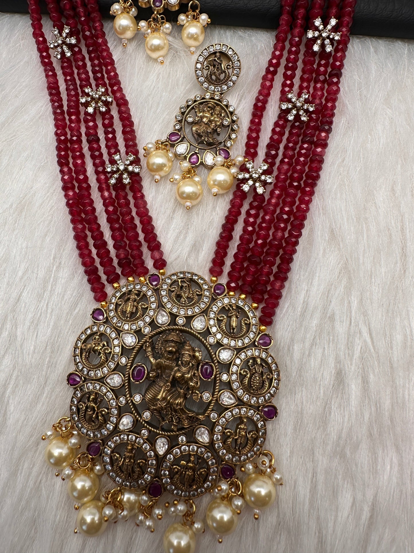 Victorian Dashavatar Beads Color Stone Long Necklace - Red