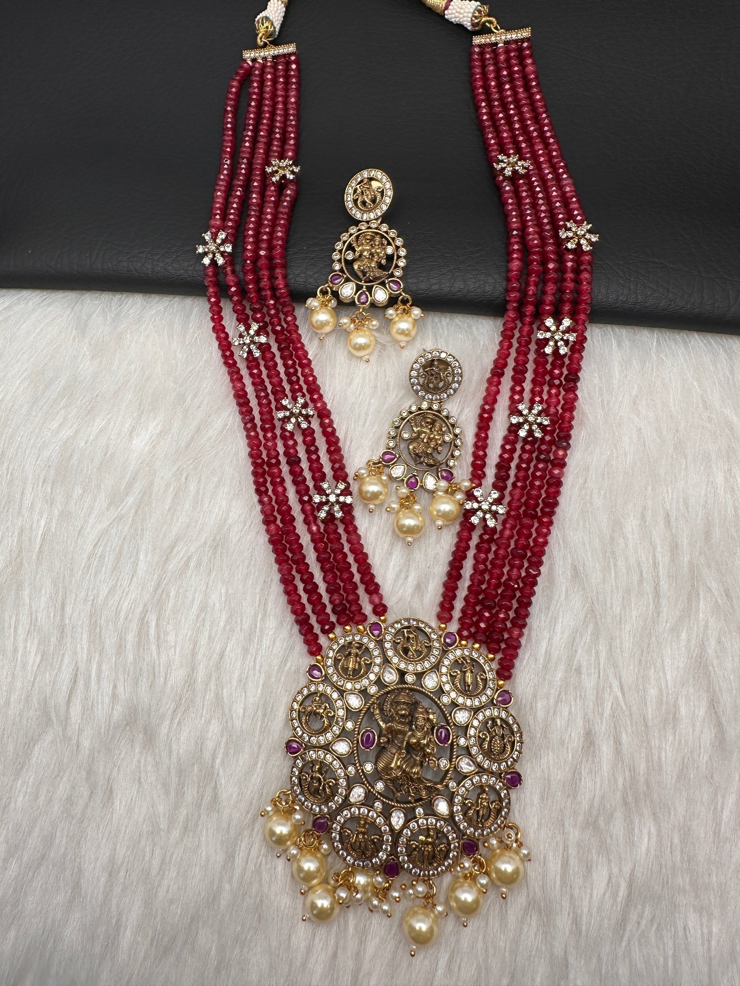 Victorian Dashavatar Beads Color Stone Long Necklace - Red