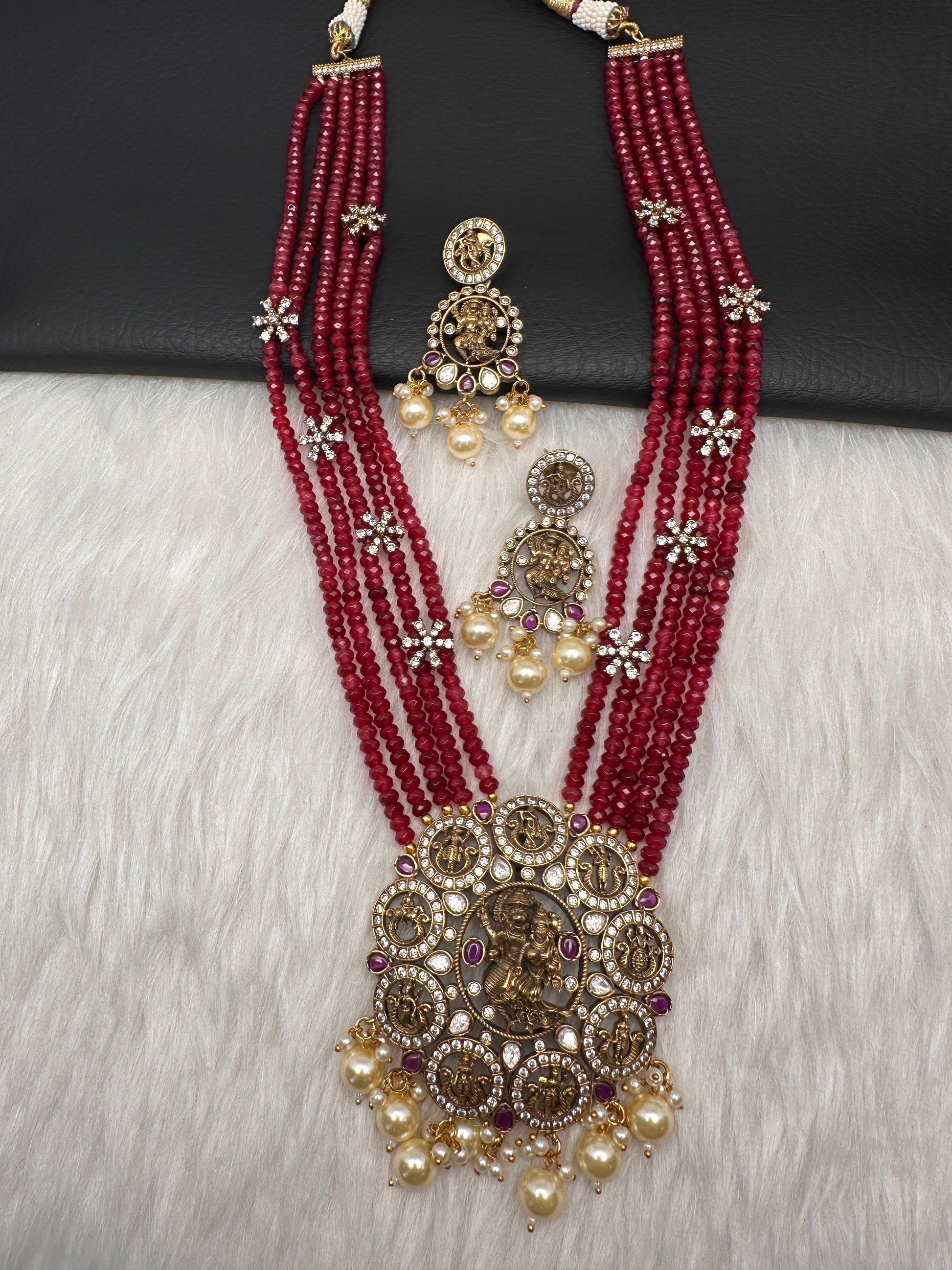 Victorian Dashavatar Beads Color Stone Long Necklace - Red