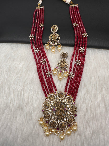 Victorian Dashavatar Beads Color Stone Long Necklace - Red