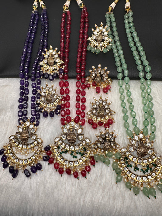 Peacock Color Stone Mehndi Finish Beads Long Necklace - Red