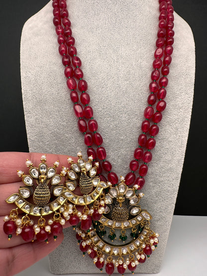 Peacock Color Stone Mehndi Finish Beads Long Necklace - Red