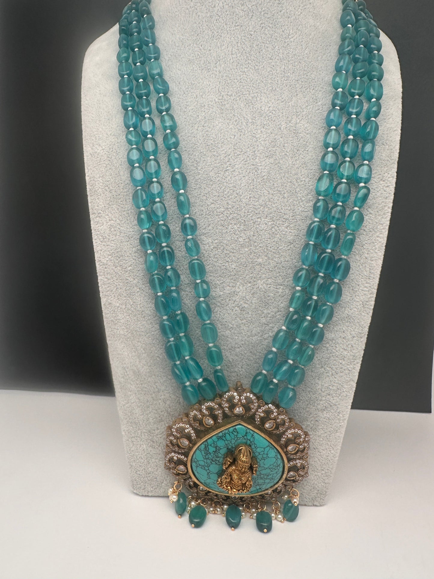 Goddess Lakshmi Color Stone Mehndi Finish Beads Long Necklace - Blue