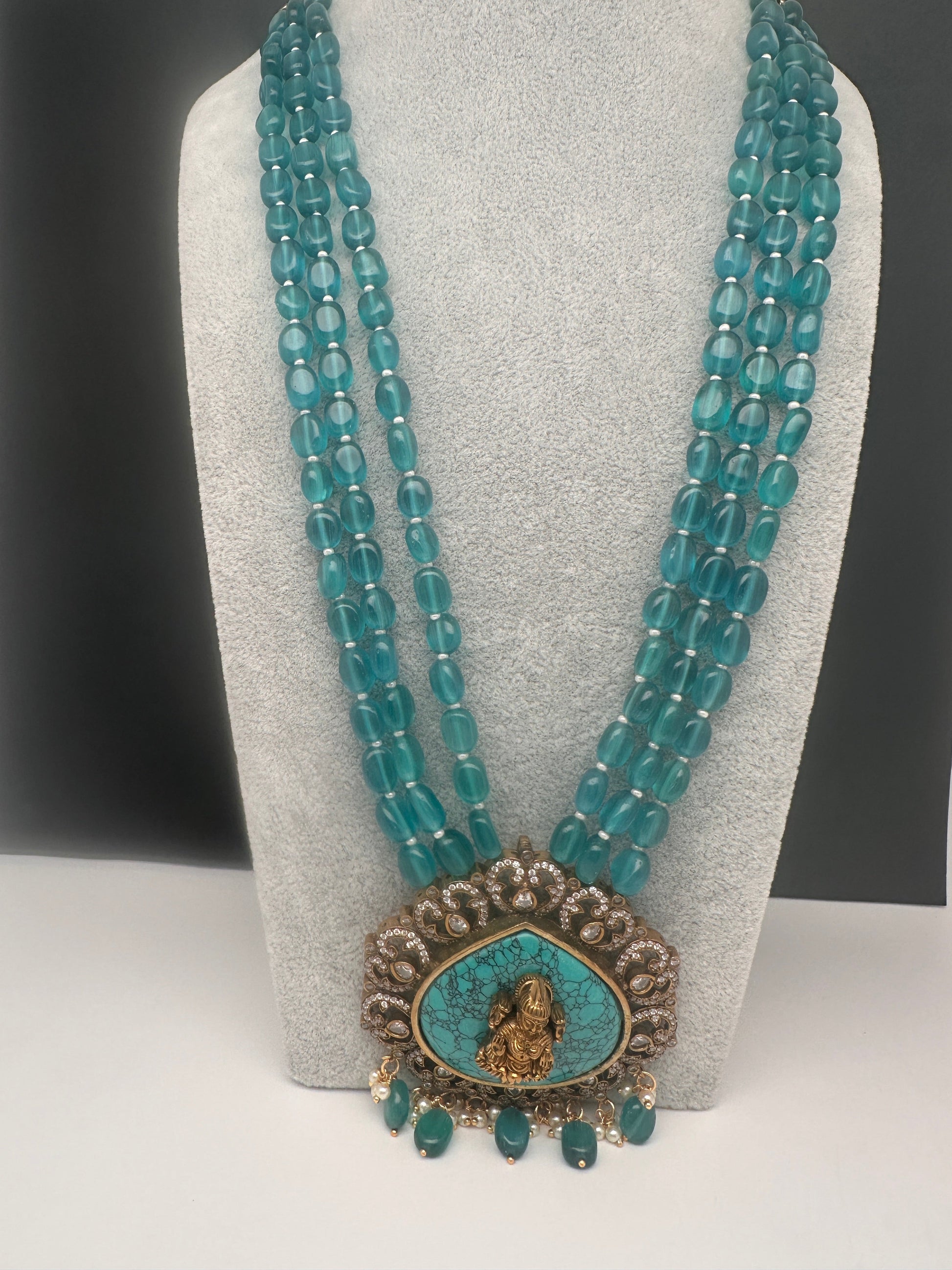 Goddess Lakshmi Color Stone Mehndi Finish Beads Long Necklace - Blue