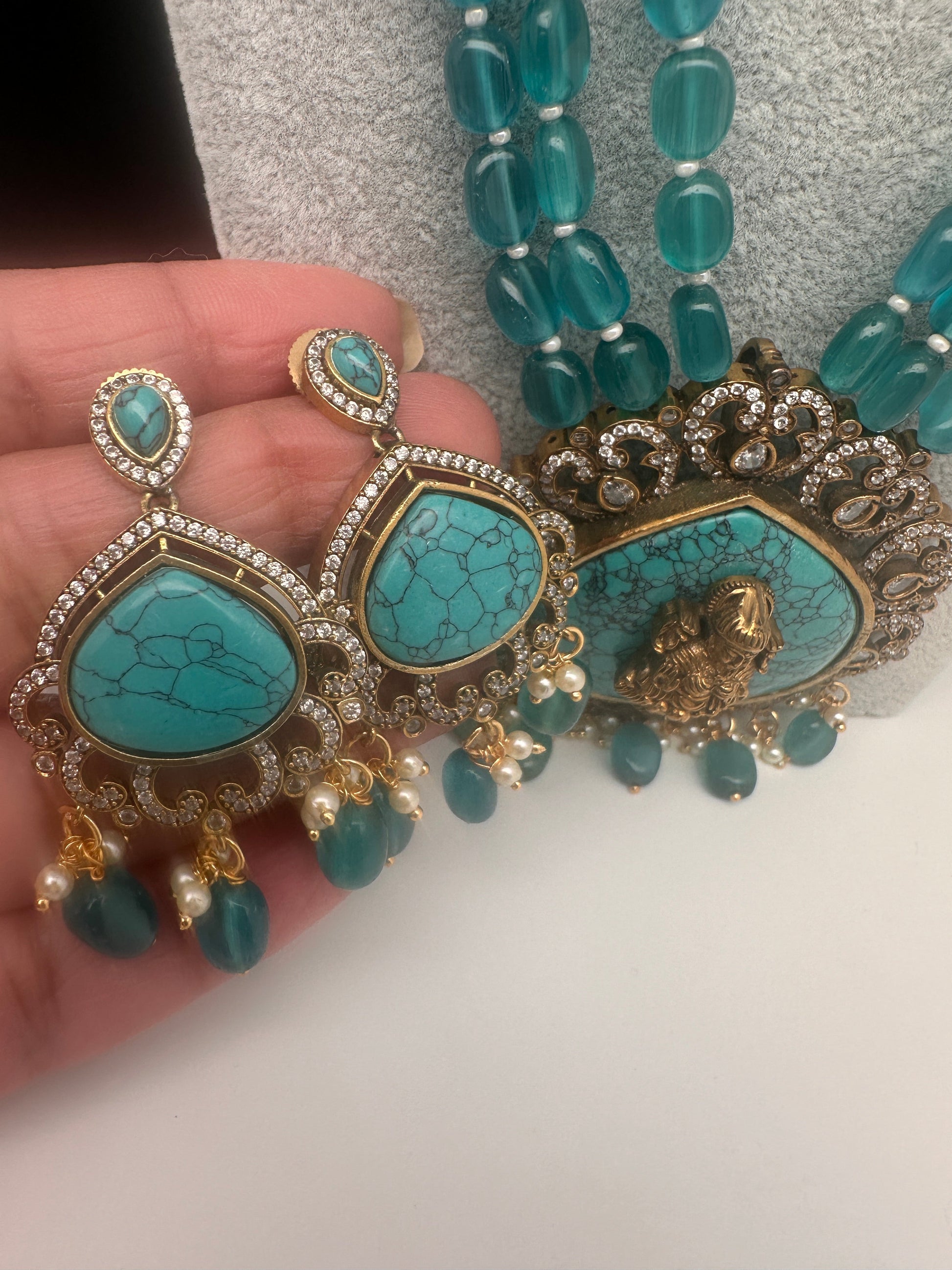 Goddess Lakshmi Color Stone Mehndi Finish Beads Long Necklace - Blue