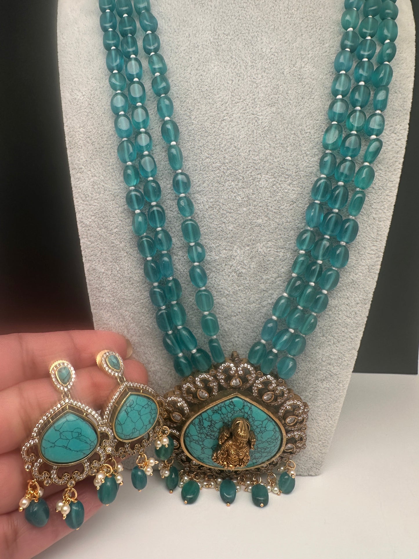 Goddess Lakshmi Color Stone Mehndi Finish Beads Long Necklace - Blue