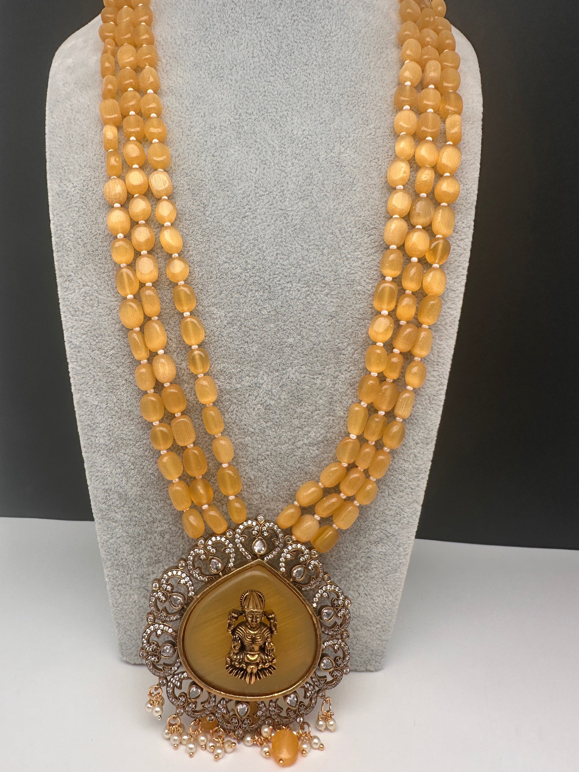 Goddess Lakshmi Color Stone Mehndi Finish Beads Long Necklace - Yellow