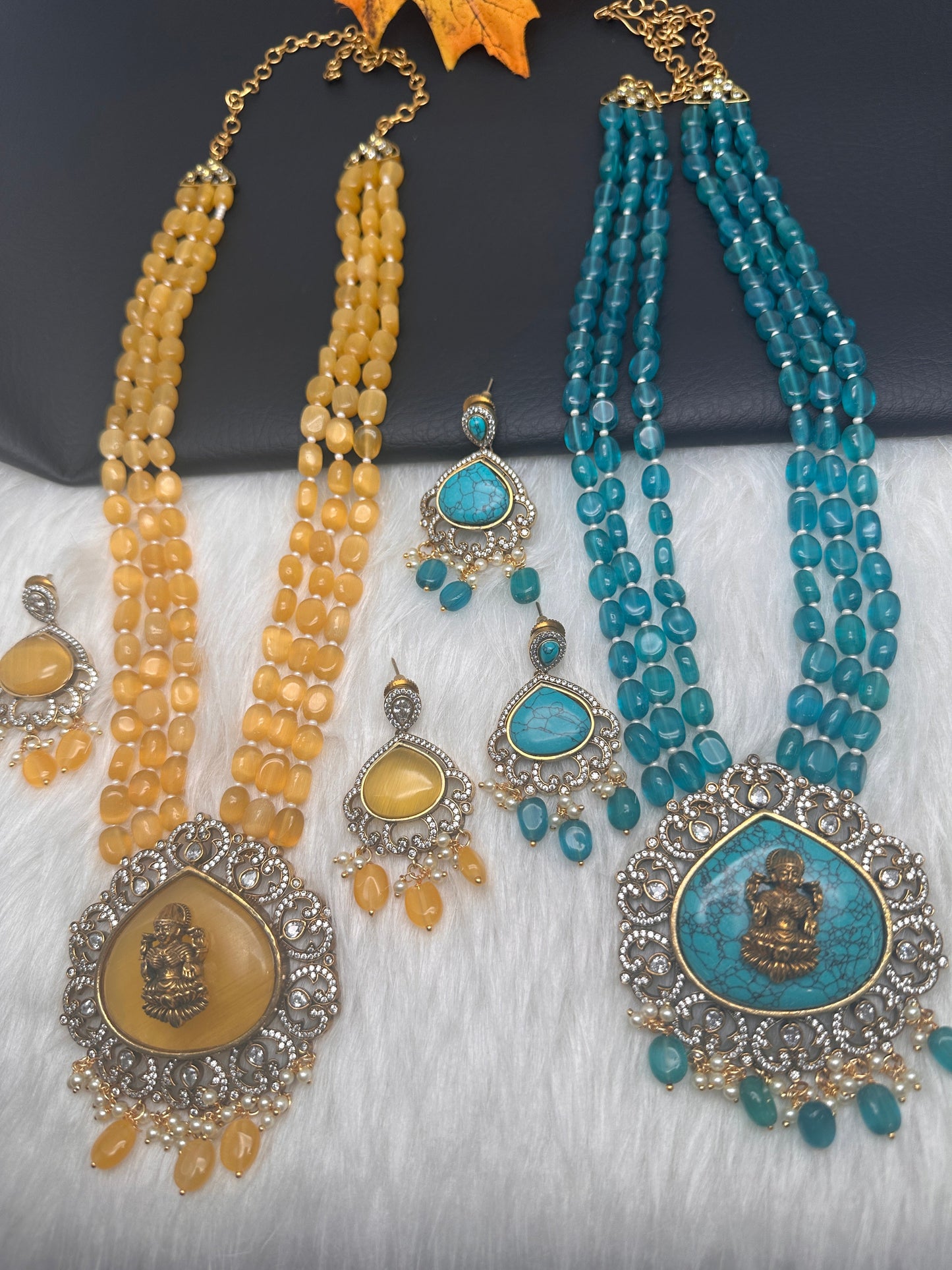 Goddess Lakshmi Color Stone Mehndi Finish Beads Long Necklace - Yellow