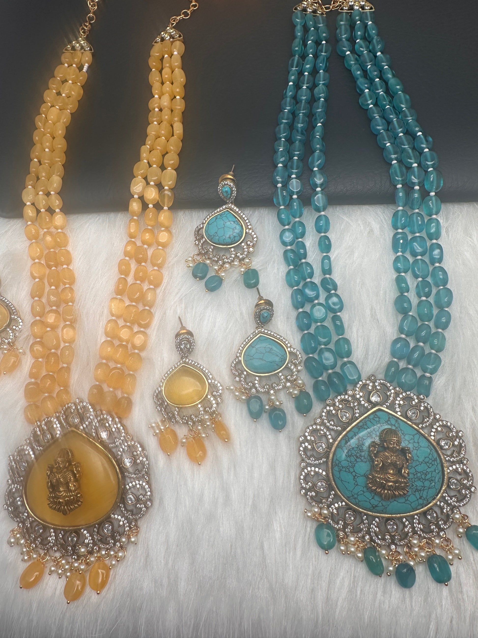 Goddess Lakshmi Color Stone Mehndi Finish Beads Long Necklace - Yellow