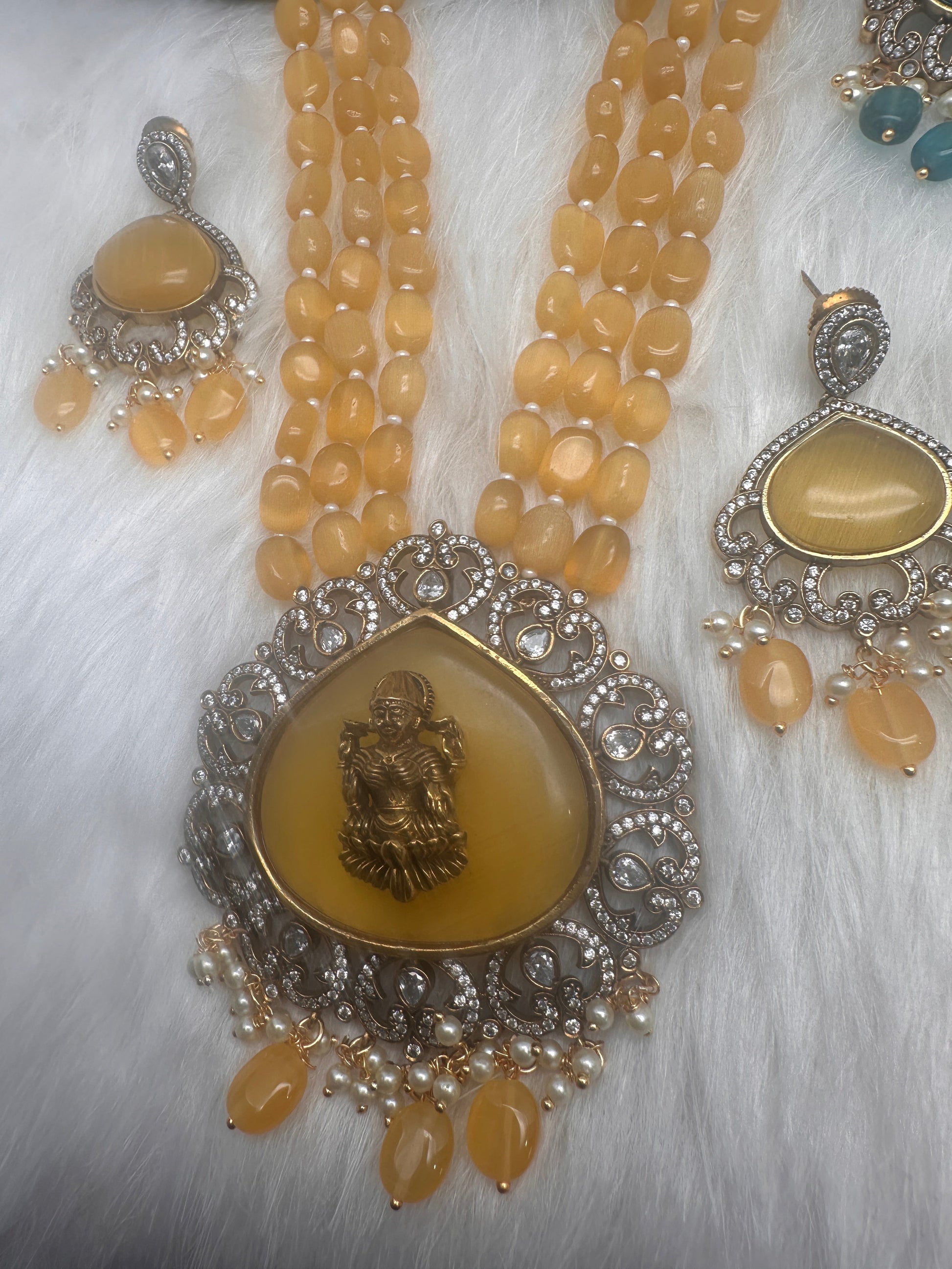 Goddess Lakshmi Color Stone Mehndi Finish Beads Long Necklace - Yellow