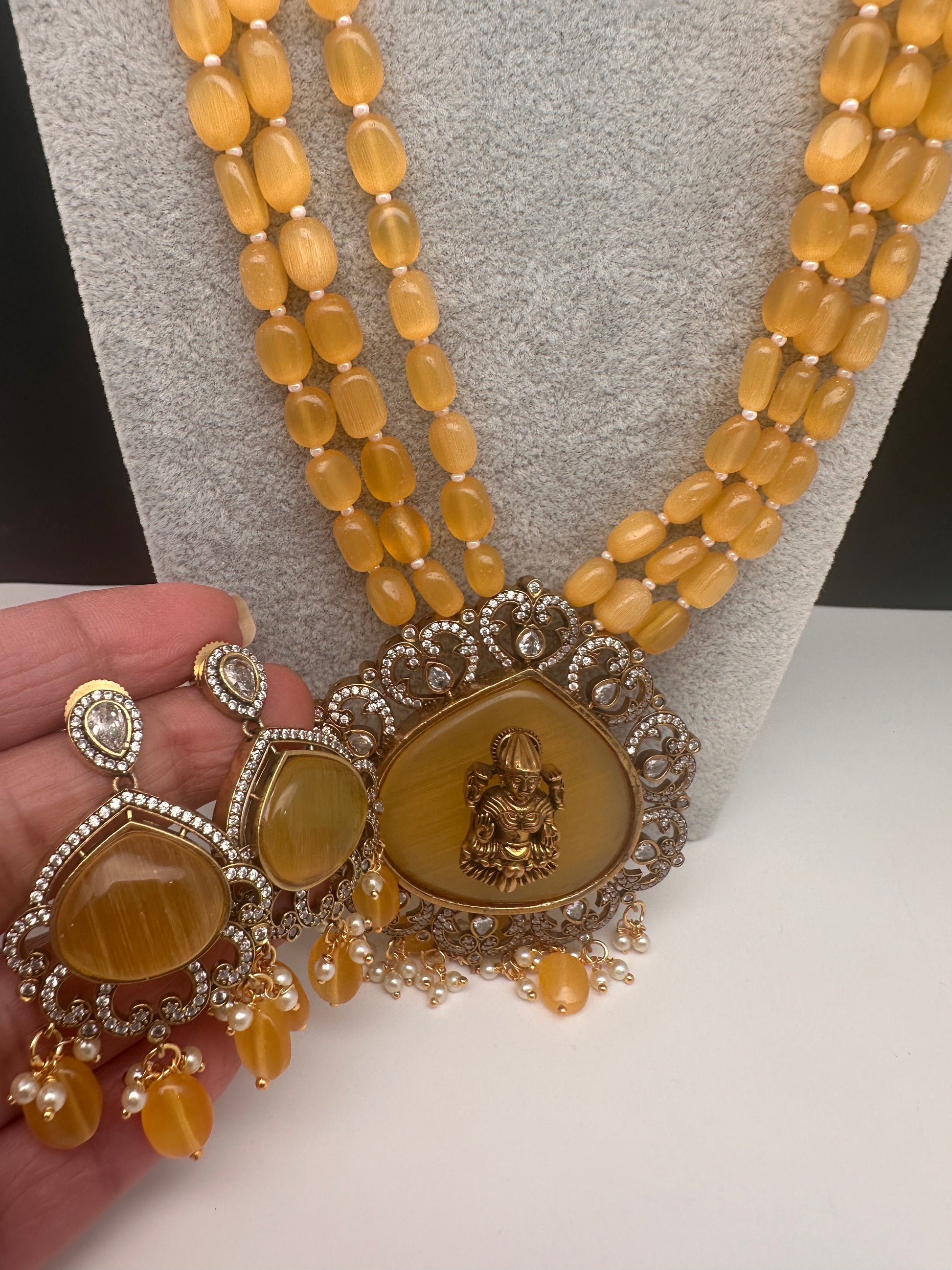 Goddess Lakshmi Color Stone Mehndi Finish Beads Long Necklace - Yellow