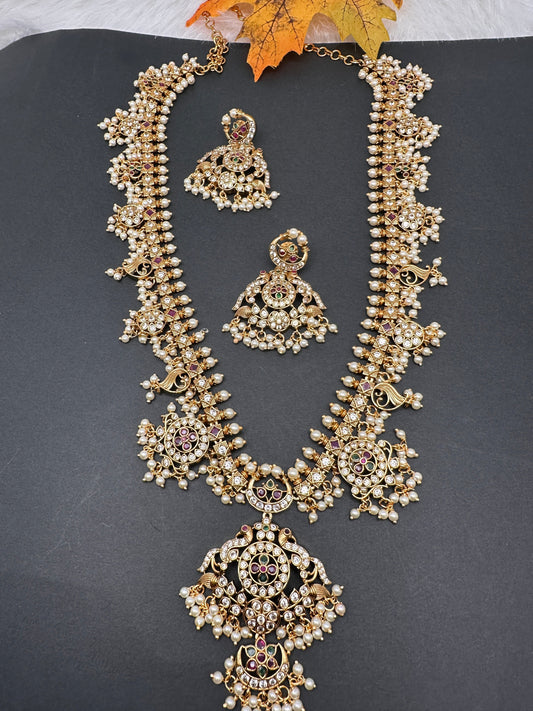 Peacock Matte Kemp CZ Pearls Guttapusalu Long Necklace