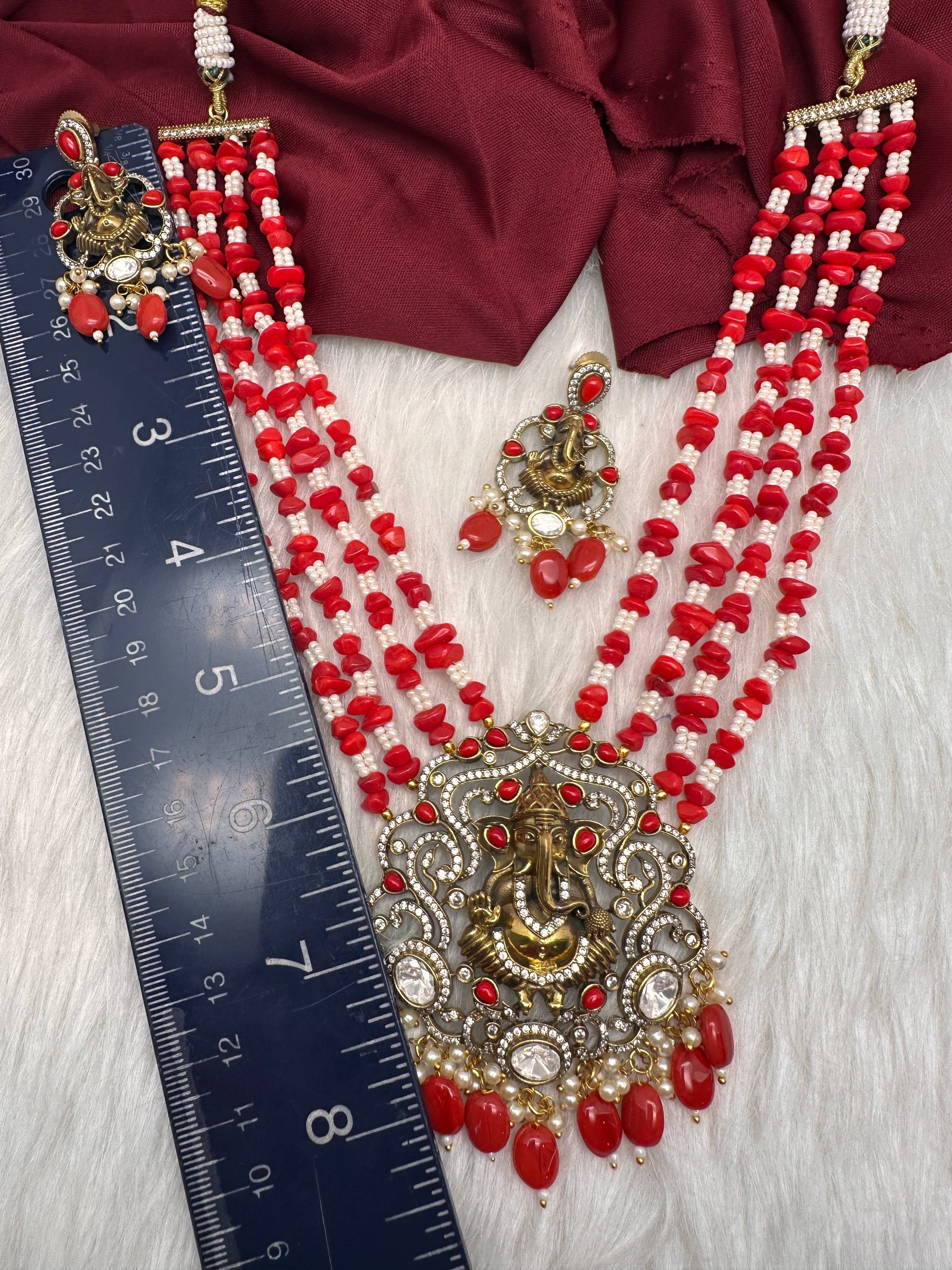 Ganesha Geru Finish Beads Color Stone Necklace - Coral