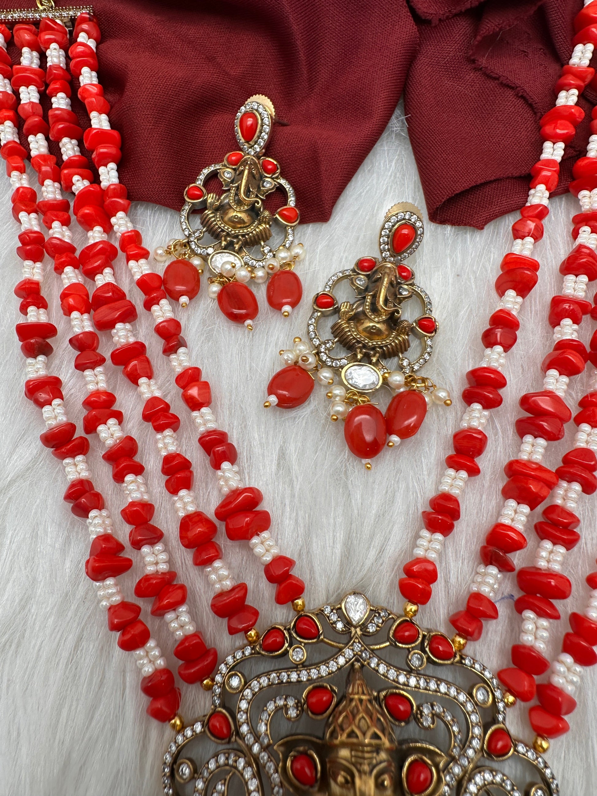 Ganesha Geru Finish Beads Color Stone Necklace - Coral