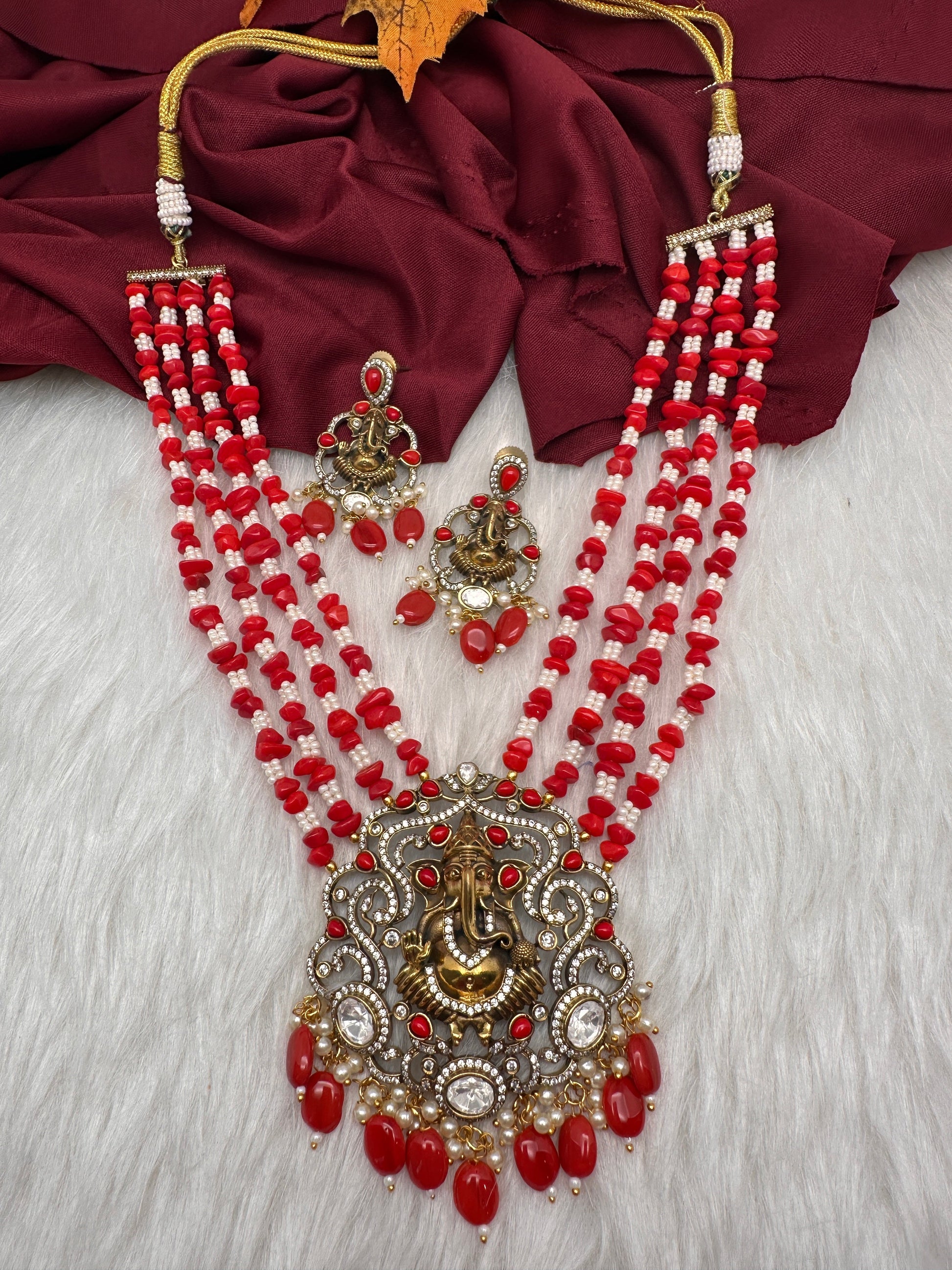 Ganesha Geru Finish Beads Color Stone Necklace - Coral