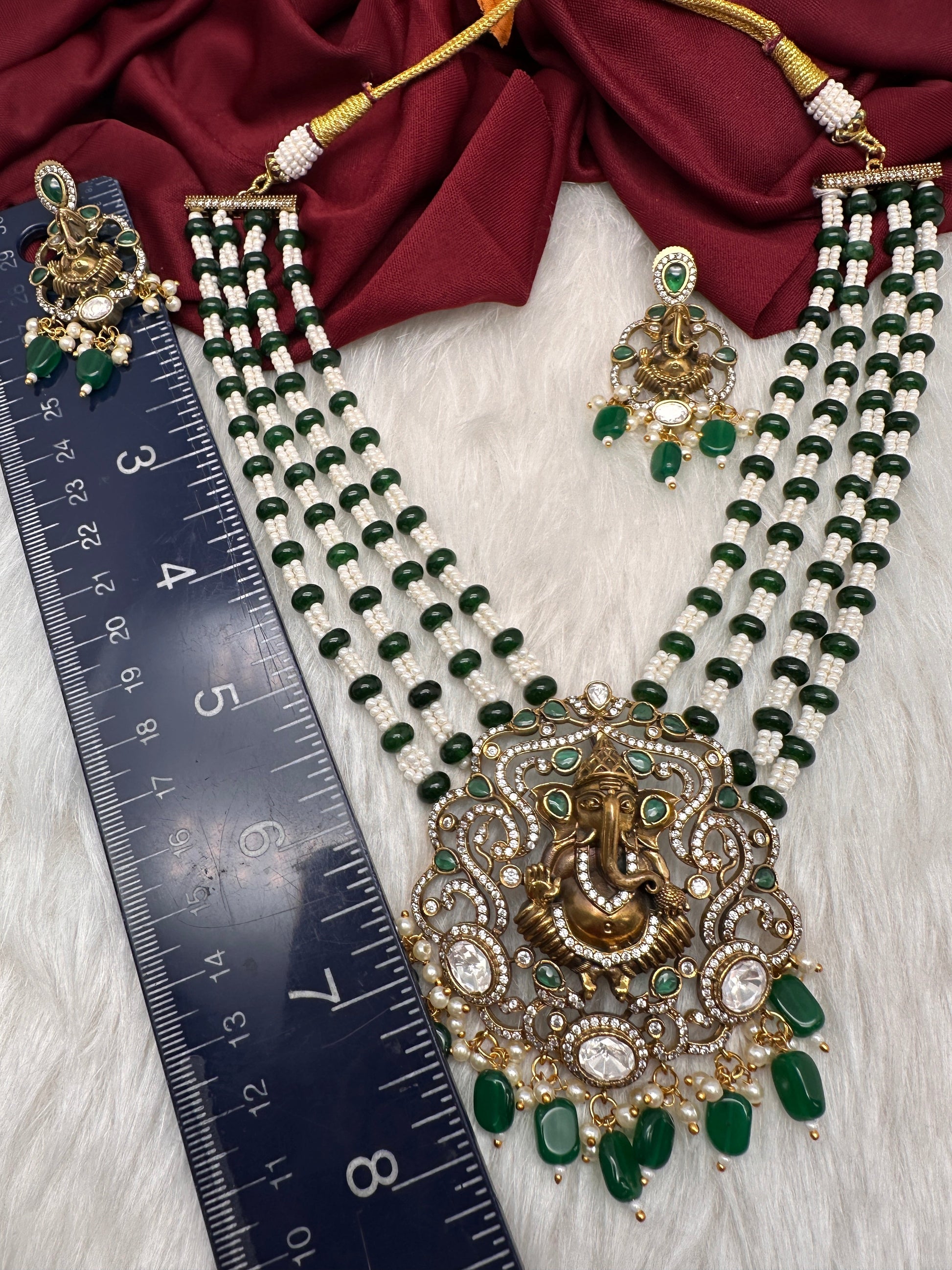 Ganesha Geru Finish Beads Color Stone Necklace - Green