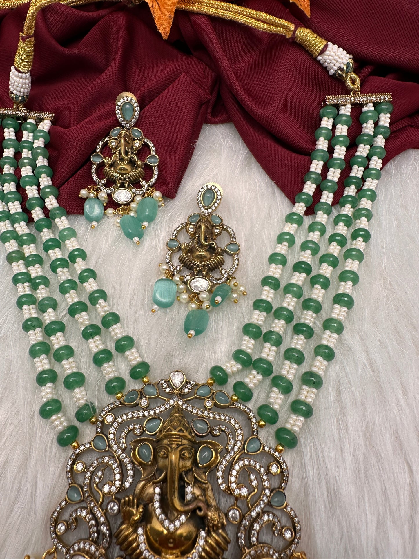 Ganesha Geru Finish Beads Color Stone Necklace - MintGreen