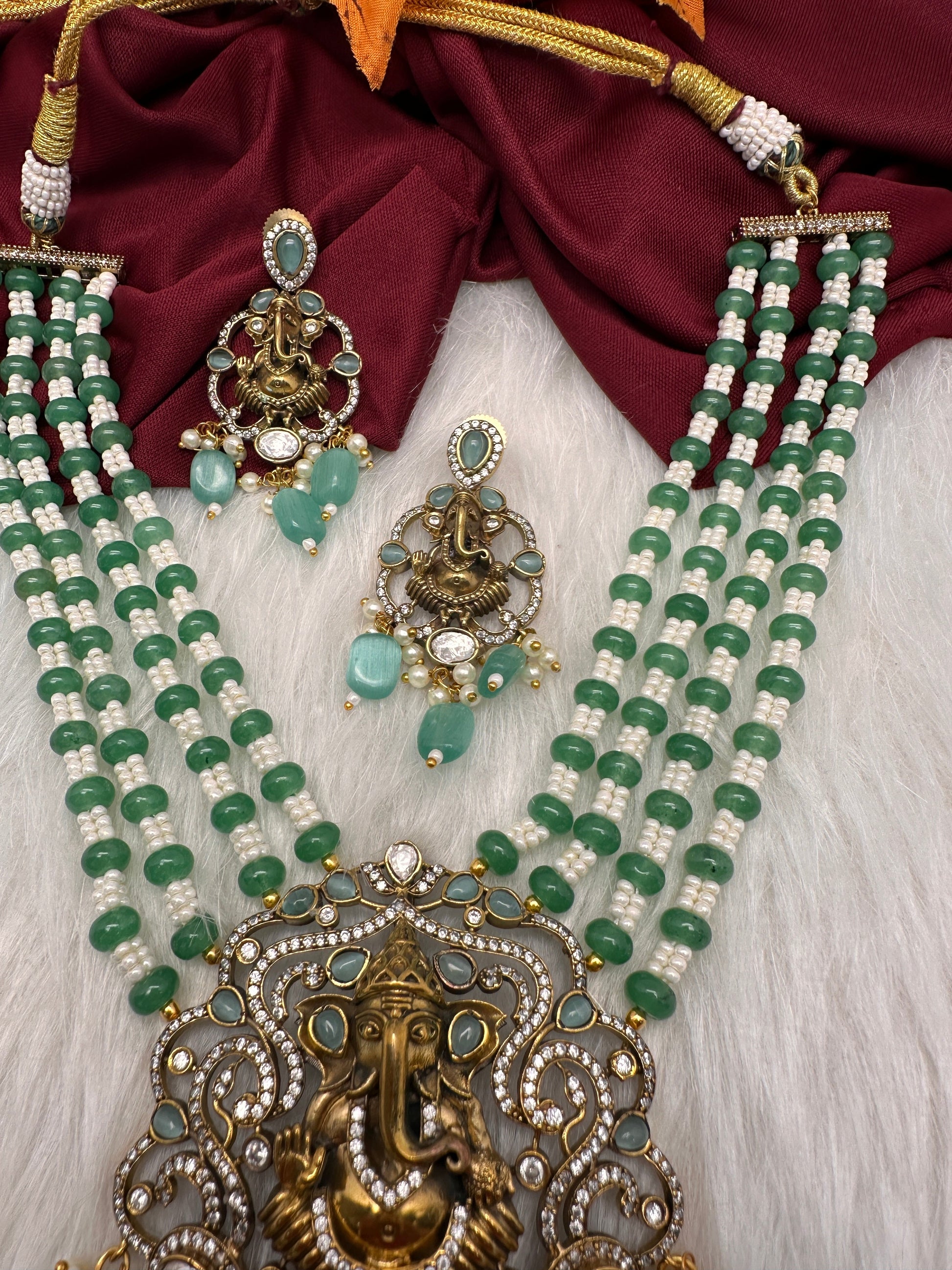 Ganesha Geru Finish Beads Color Stone Necklace - MintGreen
