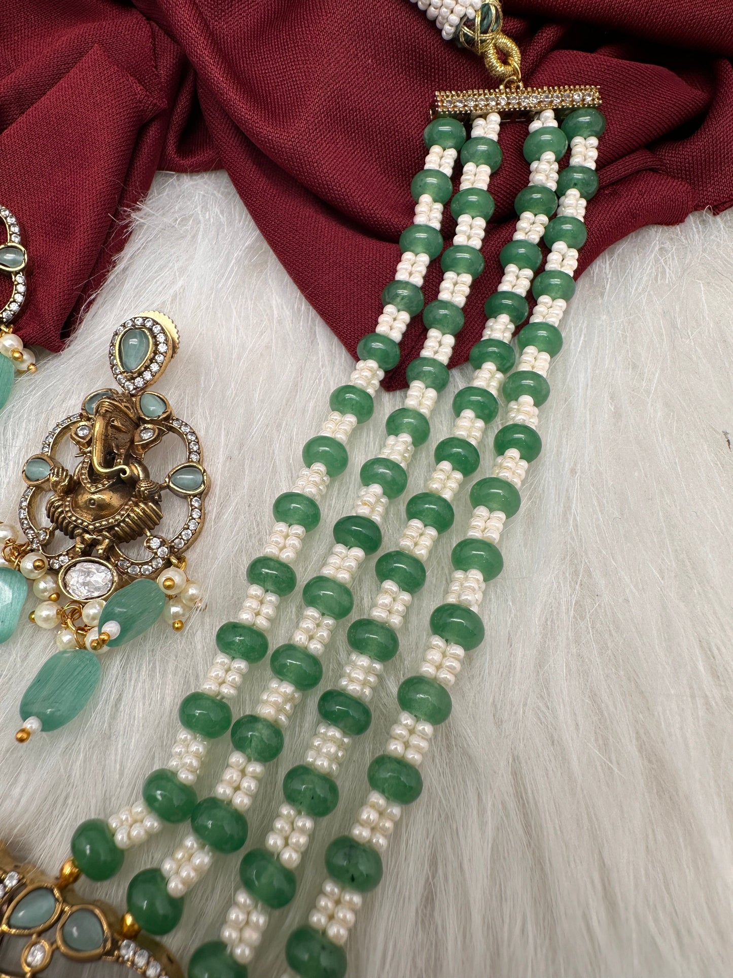 Ganesha Geru Finish Beads Color Stone Necklace - MintGreen