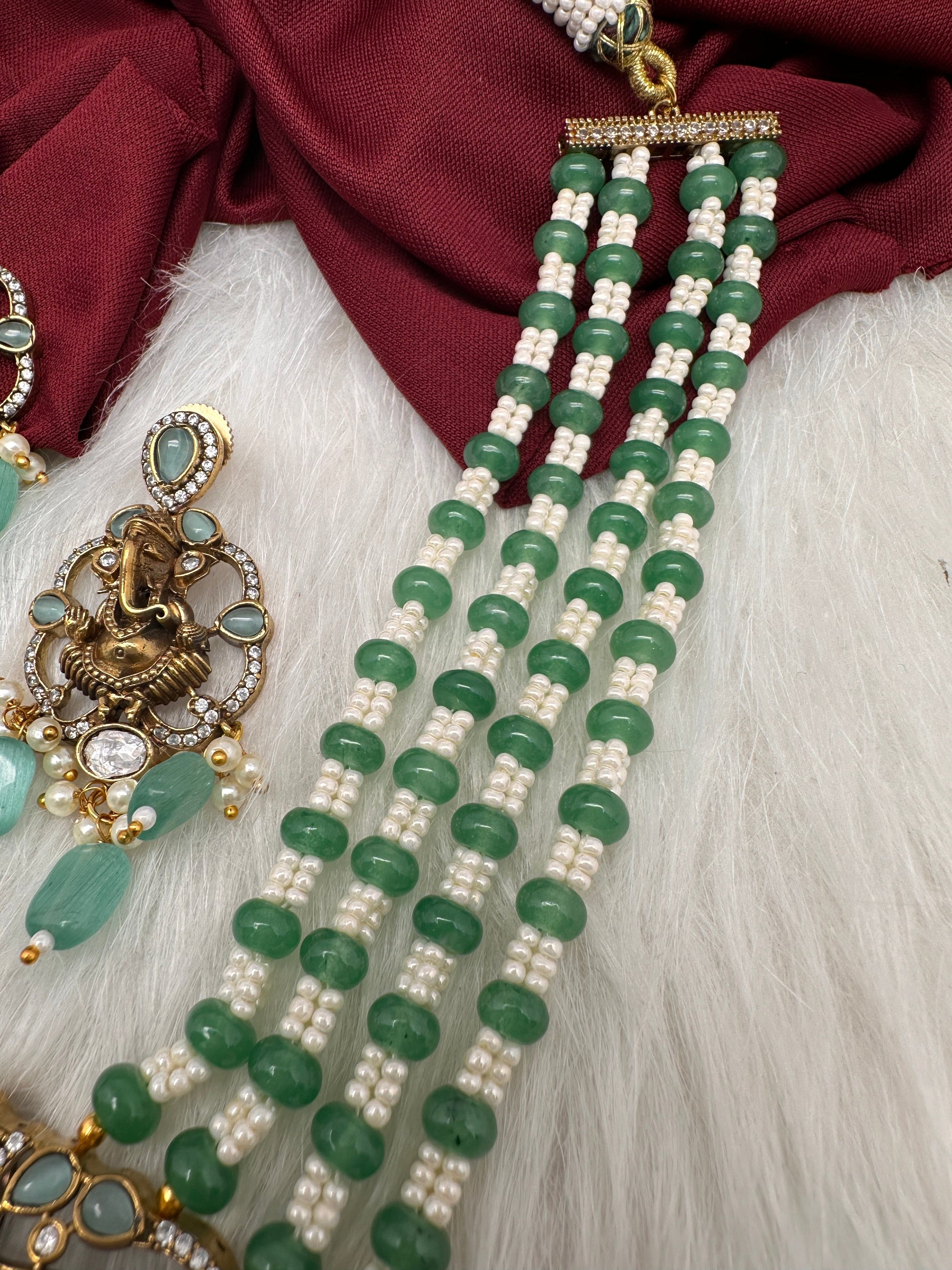Ganesha Geru Finish Beads Color Stone Necklace - MintGreen