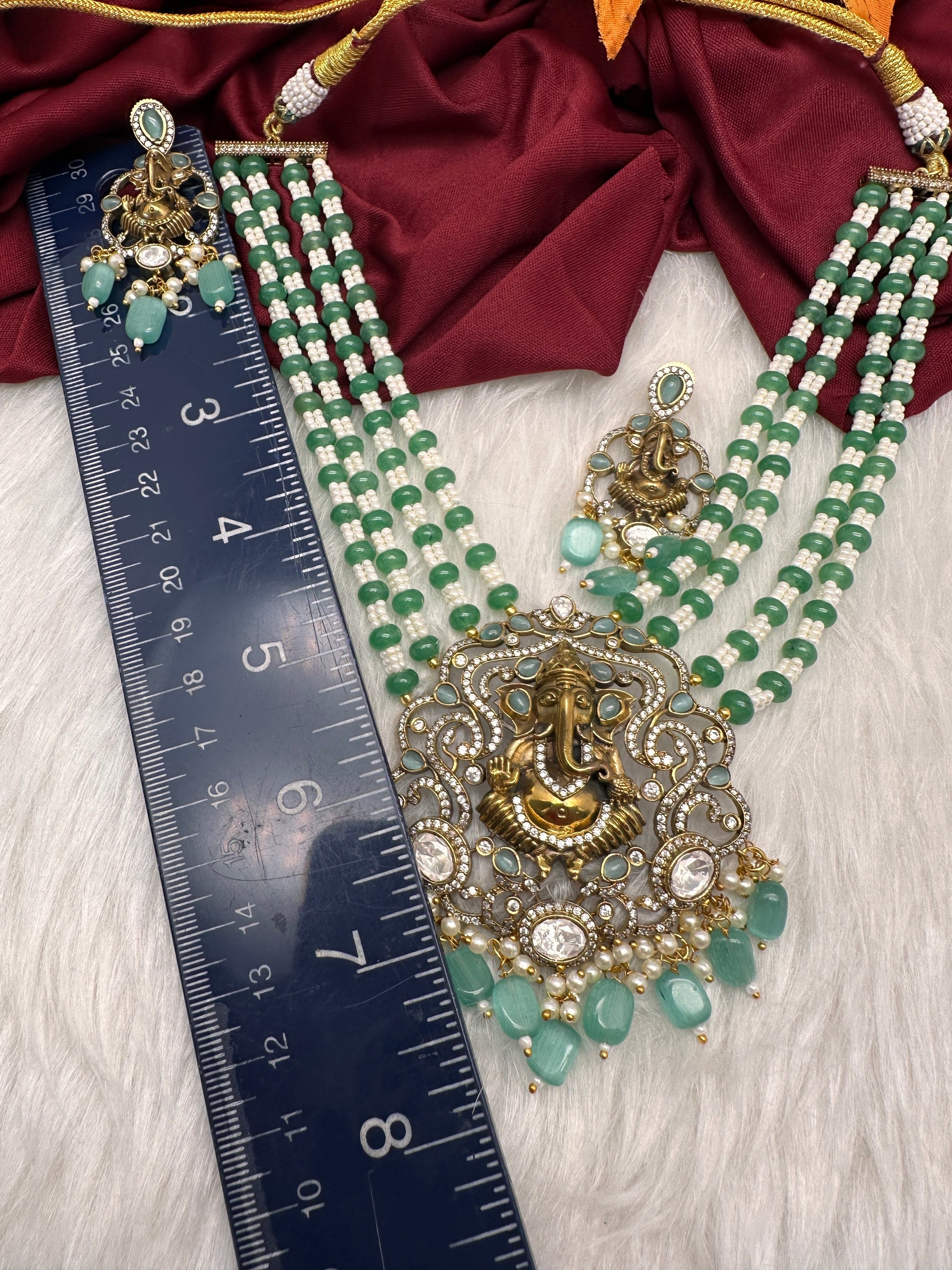 Ganesha Geru Finish Beads Color Stone Necklace - MintGreen