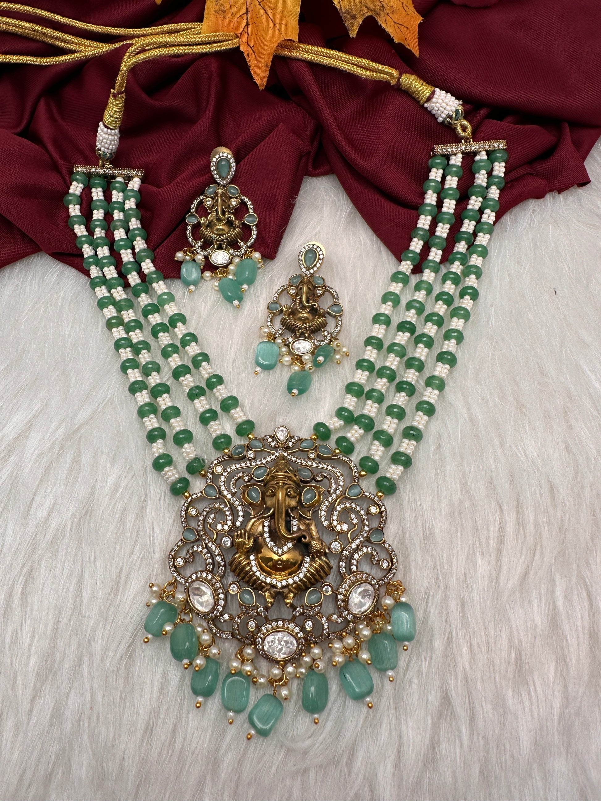 Ganesha Geru Finish Beads Color Stone Necklace - MintGreen