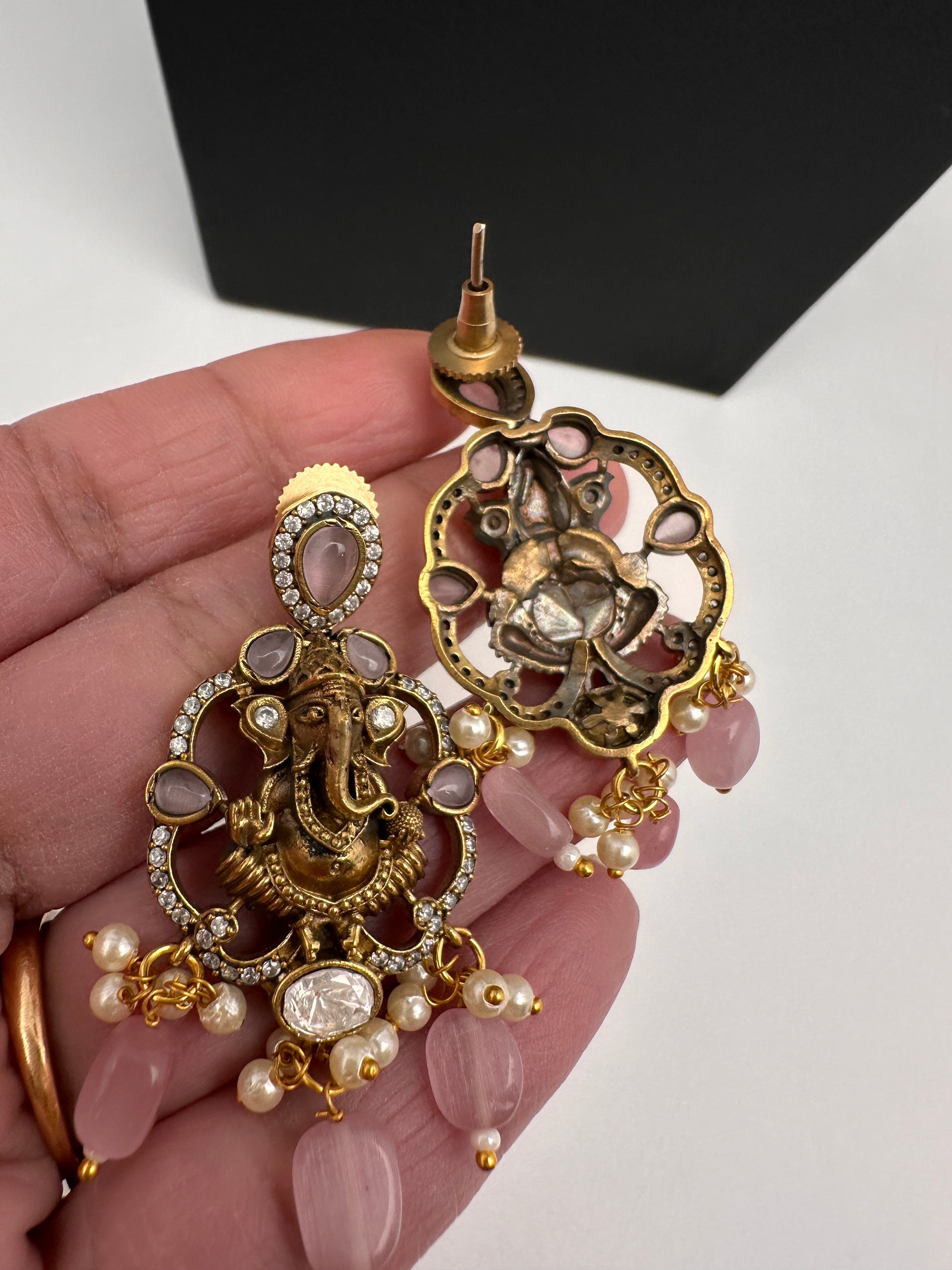 Ganesha Geru Finish Beads Color Stone Necklace - Pink
