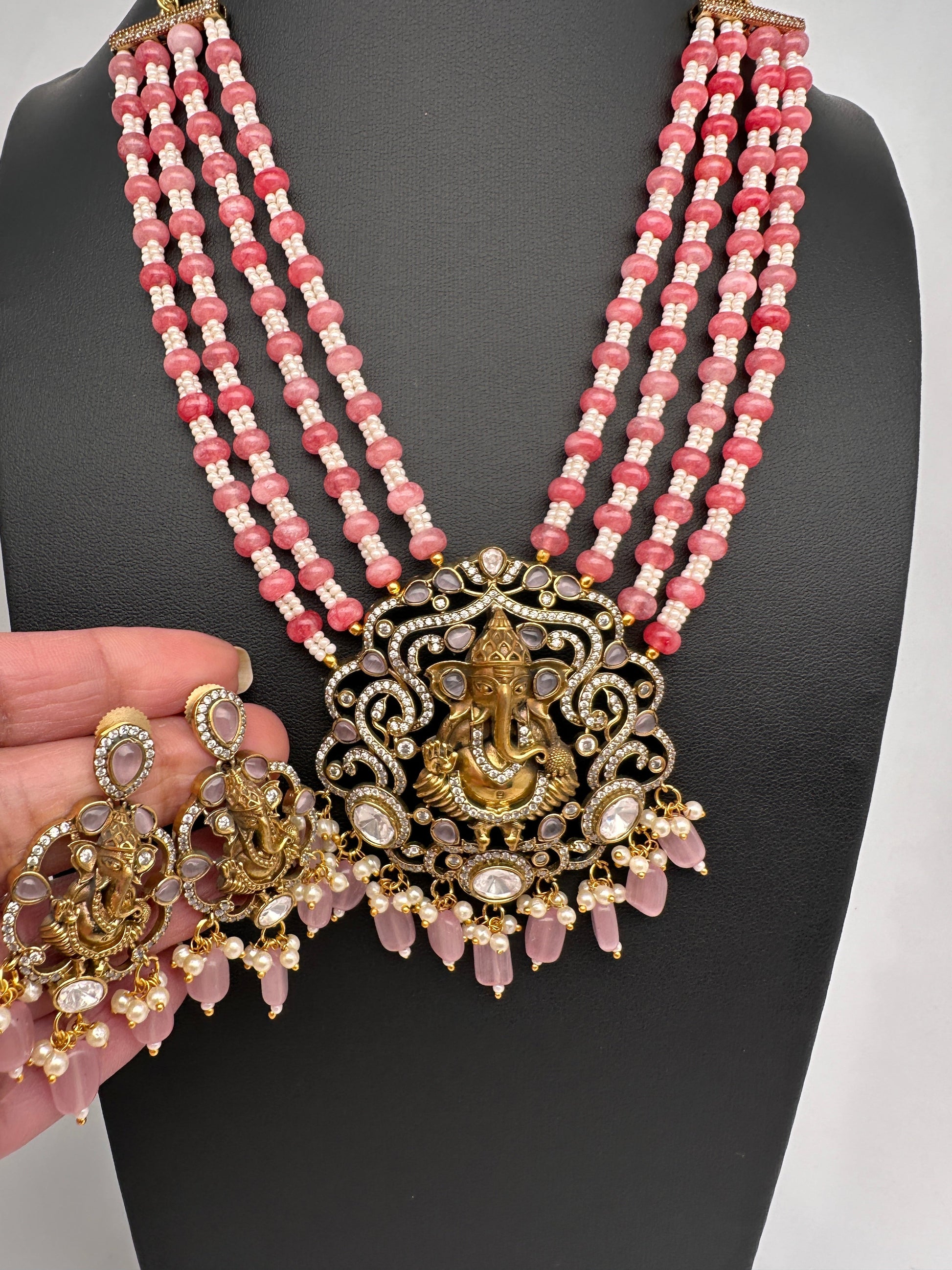 Ganesha Geru Finish Beads Color Stone Necklace - Pink