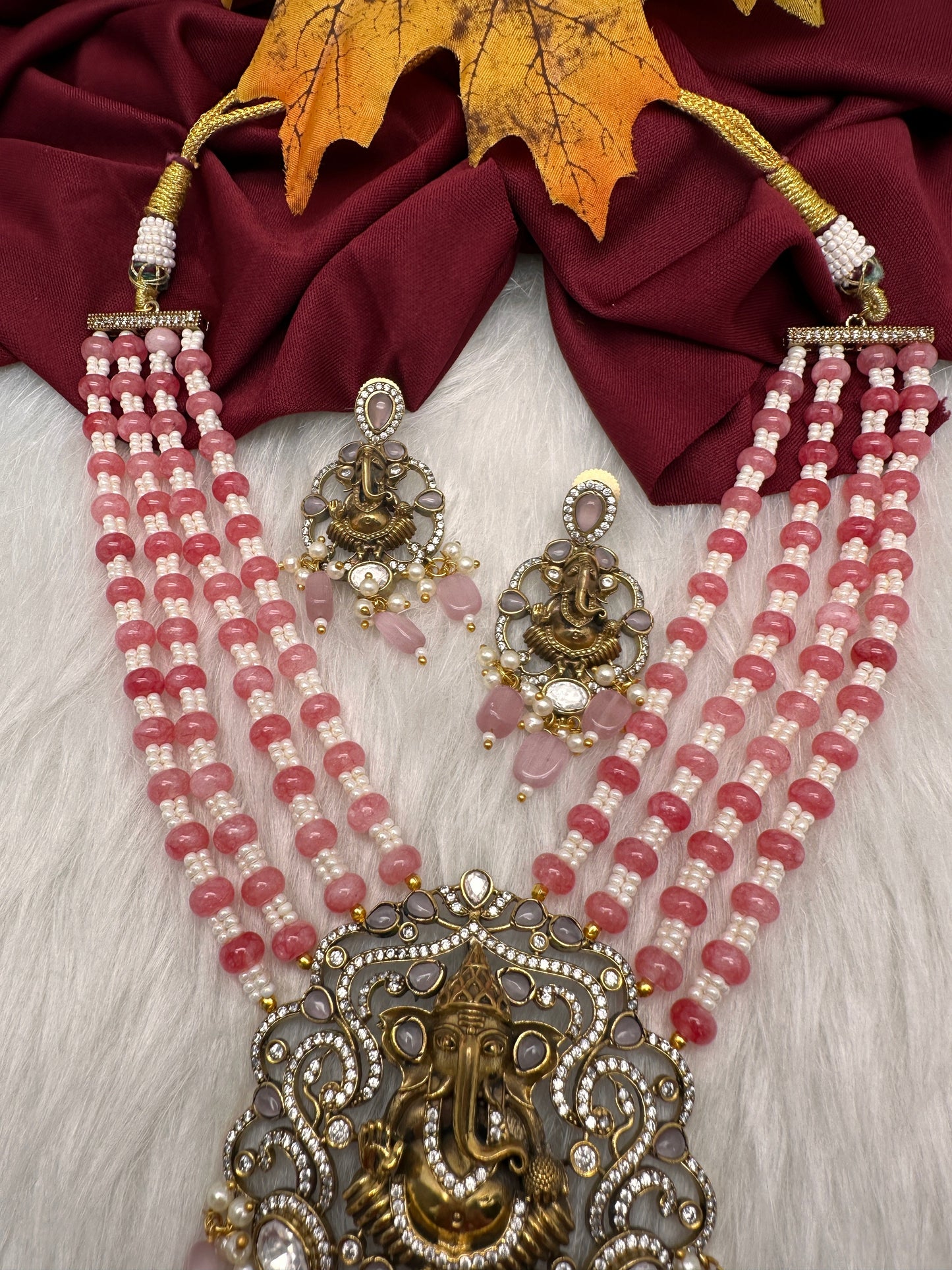 Ganesha Geru Finish Beads Color Stone Necklace - Pink