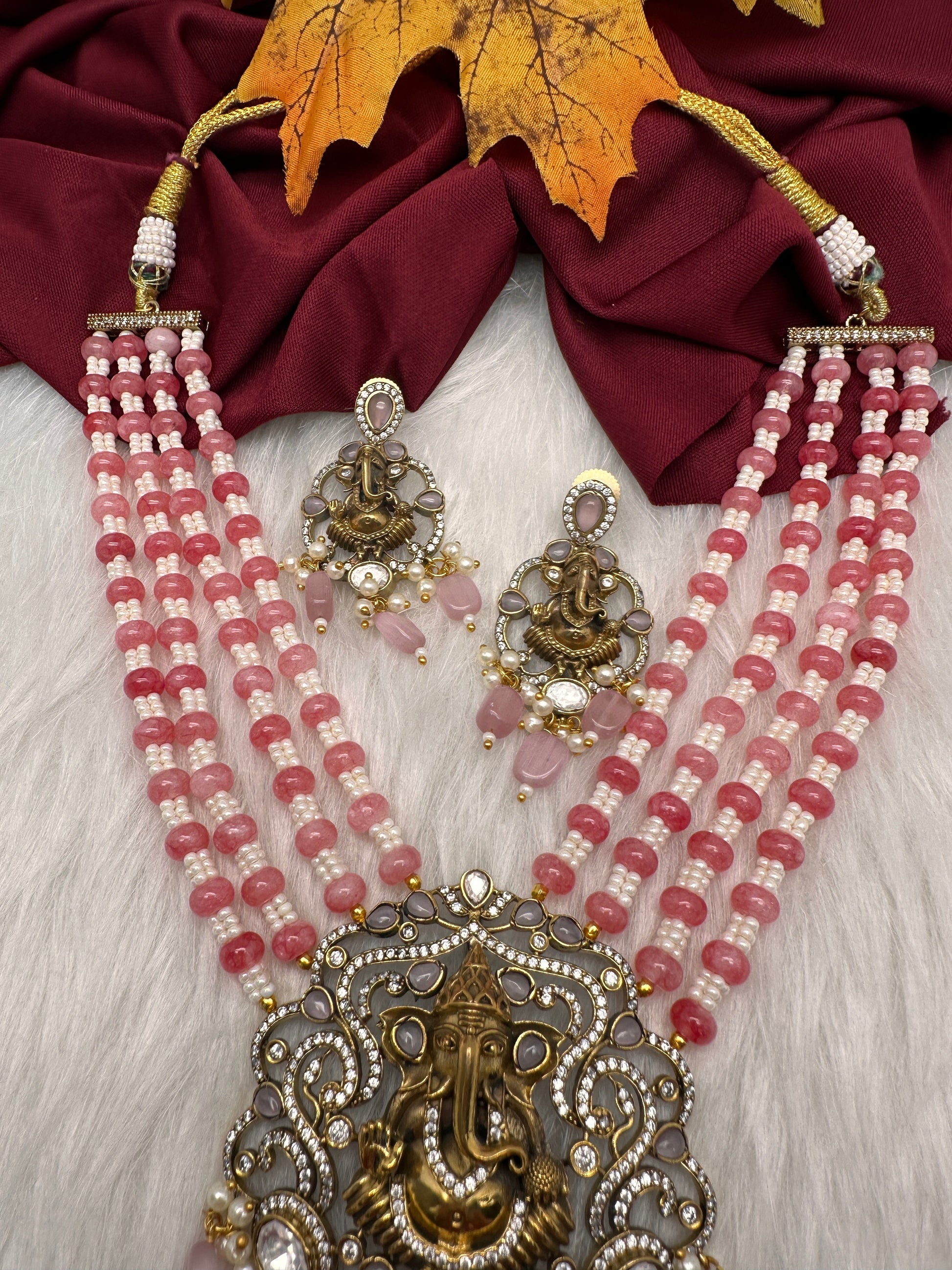 Ganesha Geru Finish Beads Color Stone Necklace - Pink