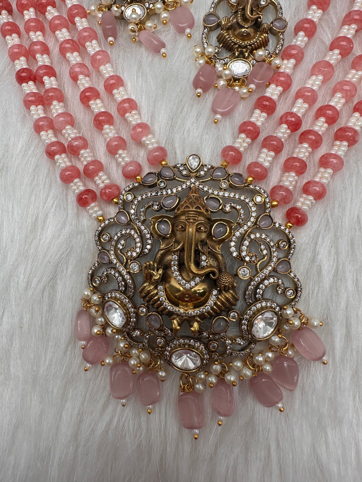 Ganesha Geru Finish Beads Color Stone Necklace - Pink