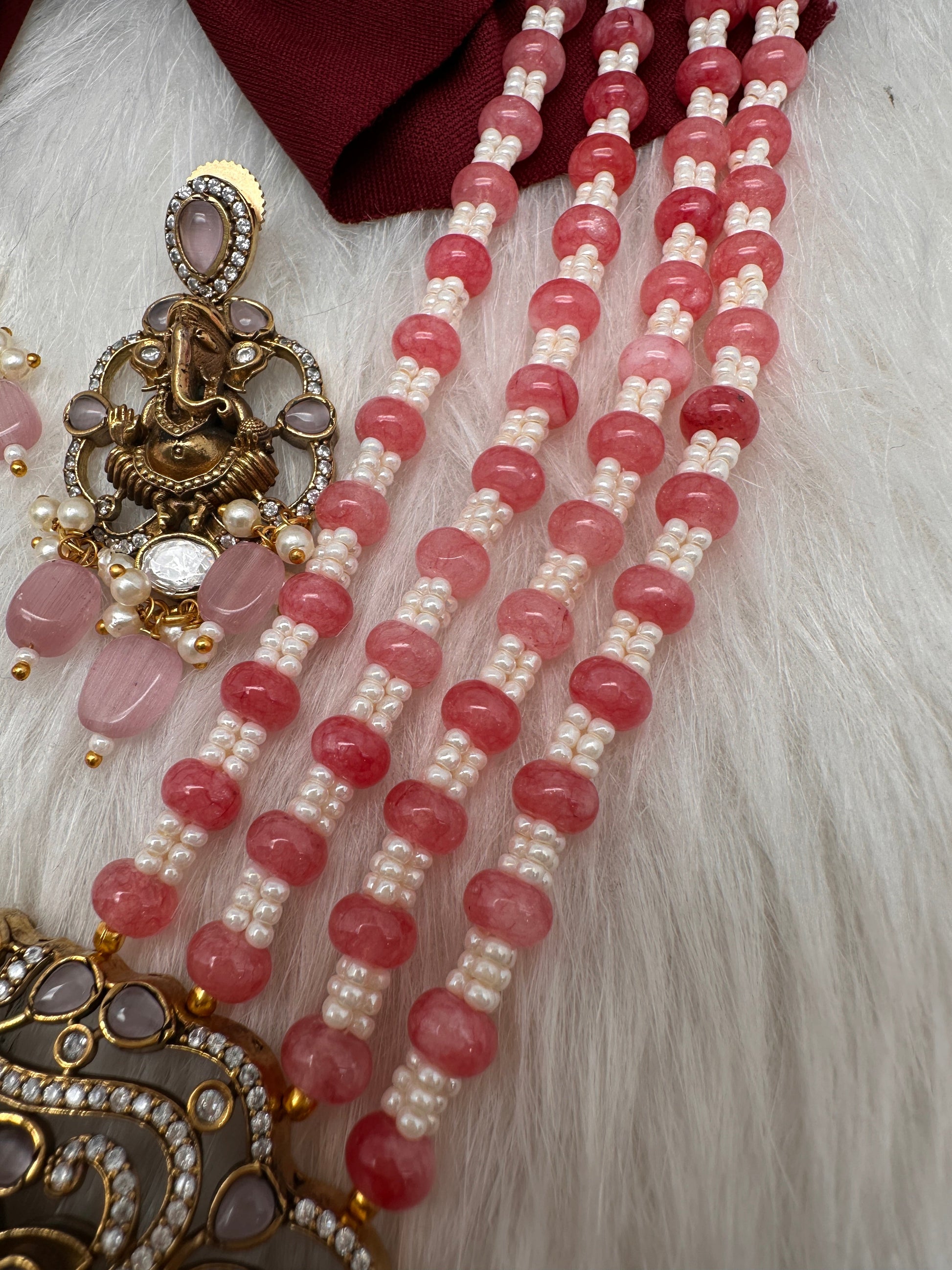 Ganesha Geru Finish Beads Color Stone Necklace - Pink