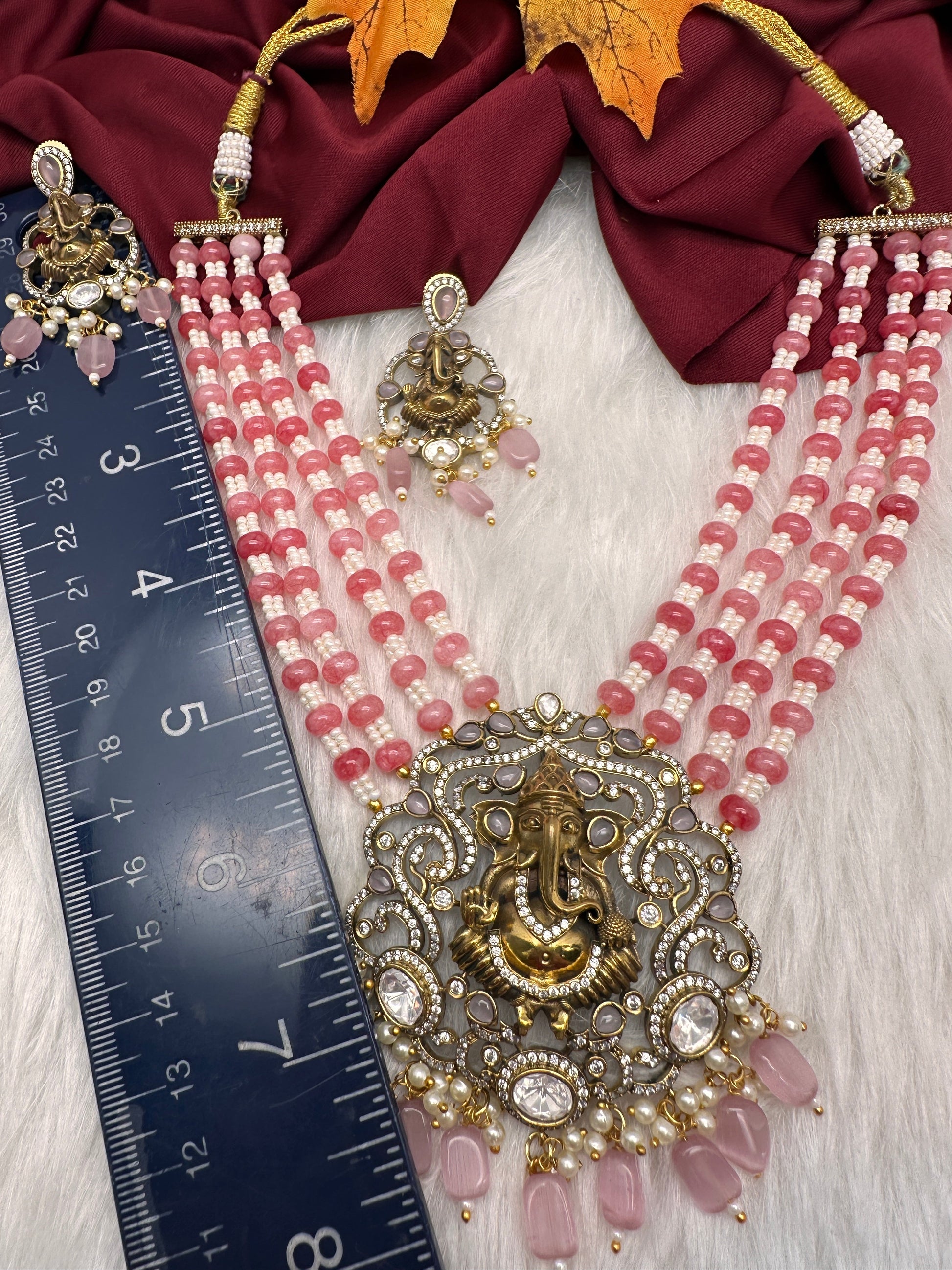 Ganesha Geru Finish Beads Color Stone Necklace - Pink
