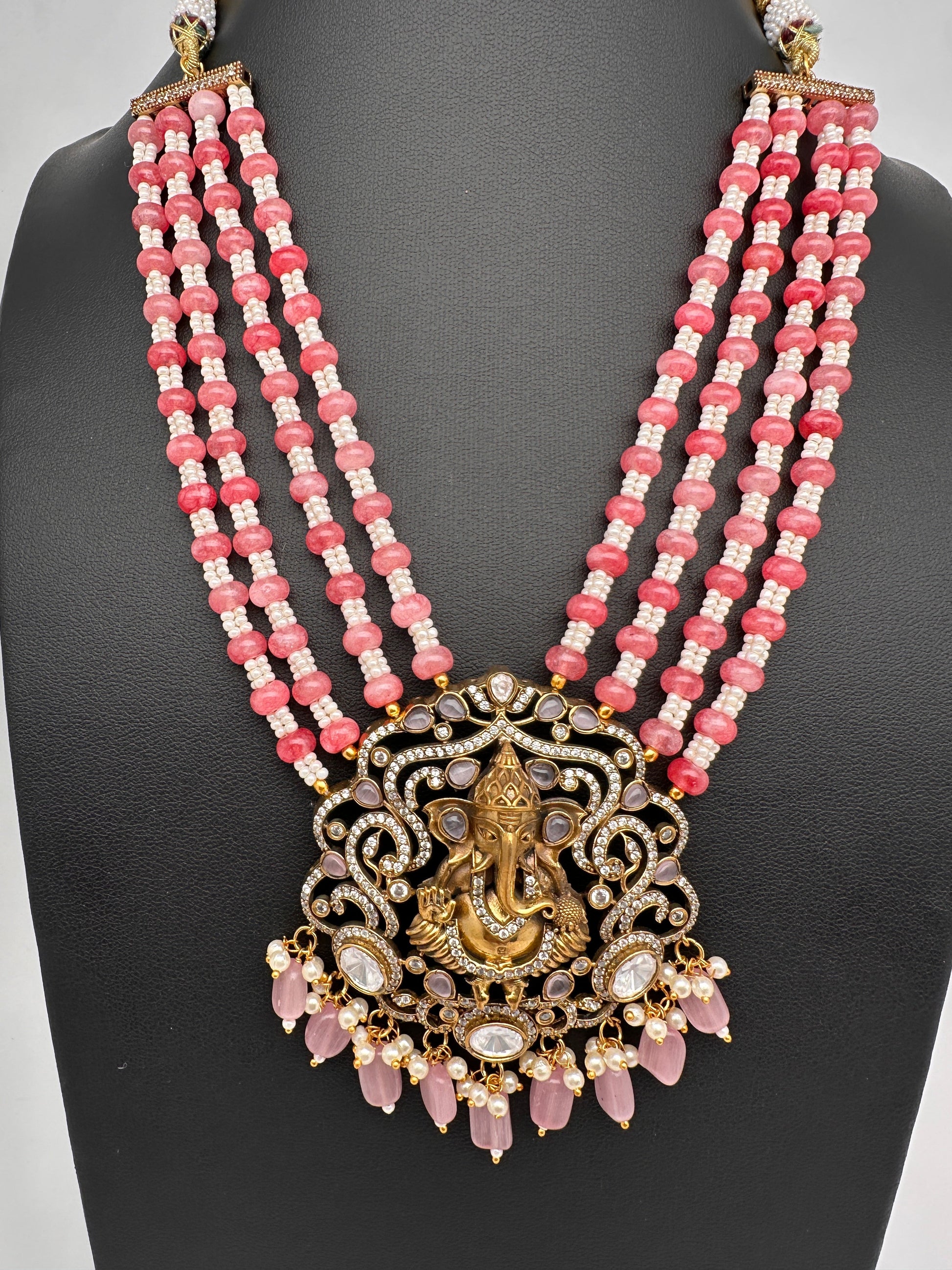 Ganesha Geru Finish Beads Color Stone Necklace - Pink