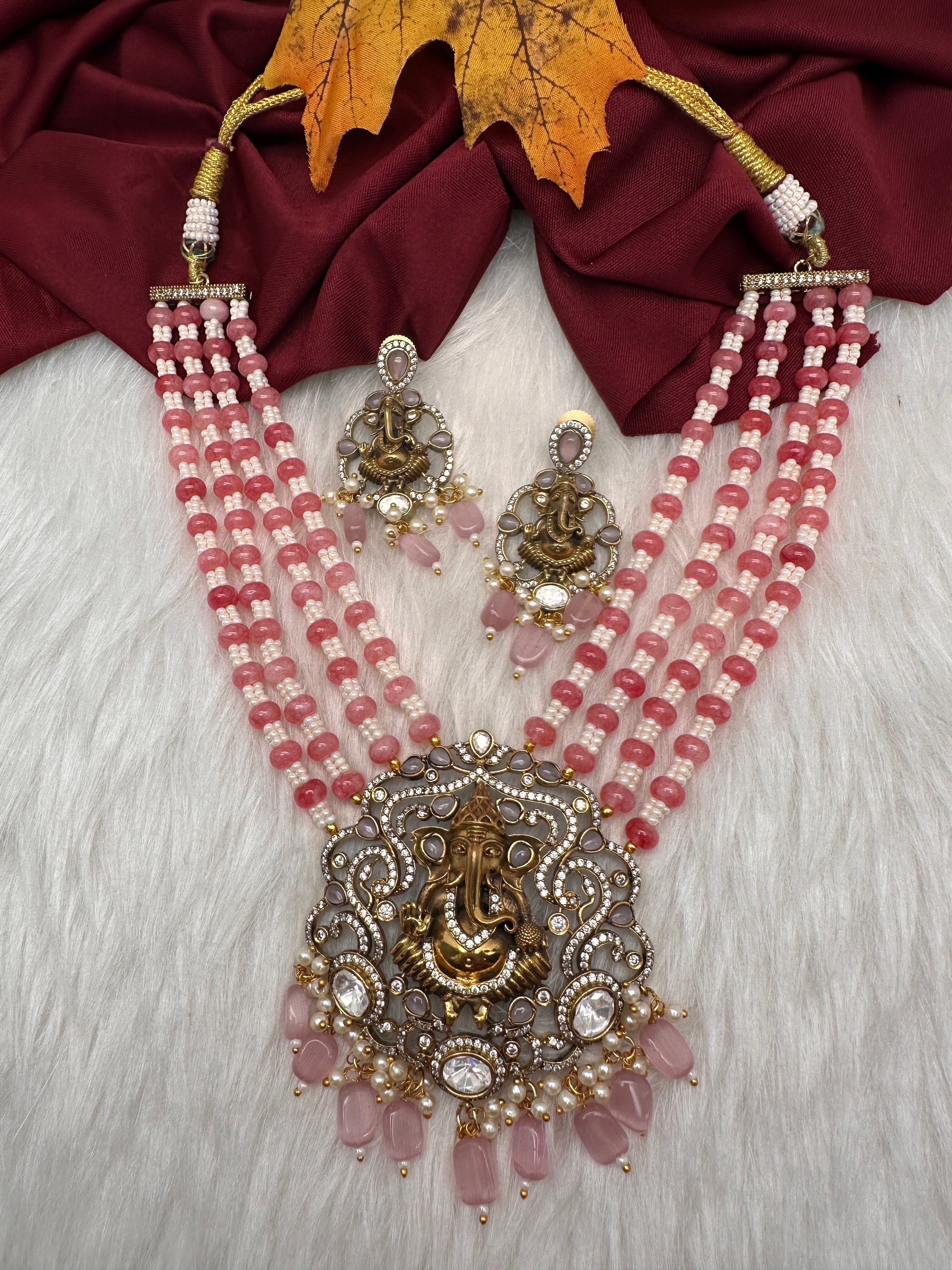 Ganesha Geru Finish Beads Color Stone Necklace - Pink