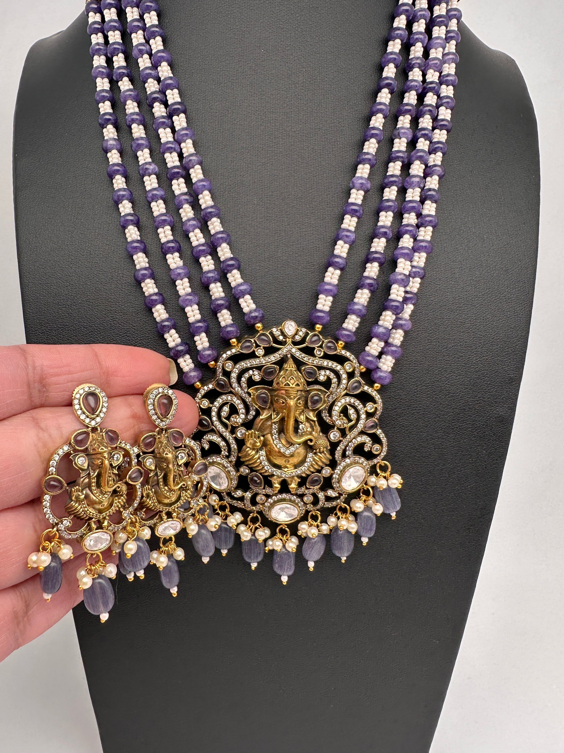 Ganesha Geru Finish Beads Color Stone Necklace - Purple
