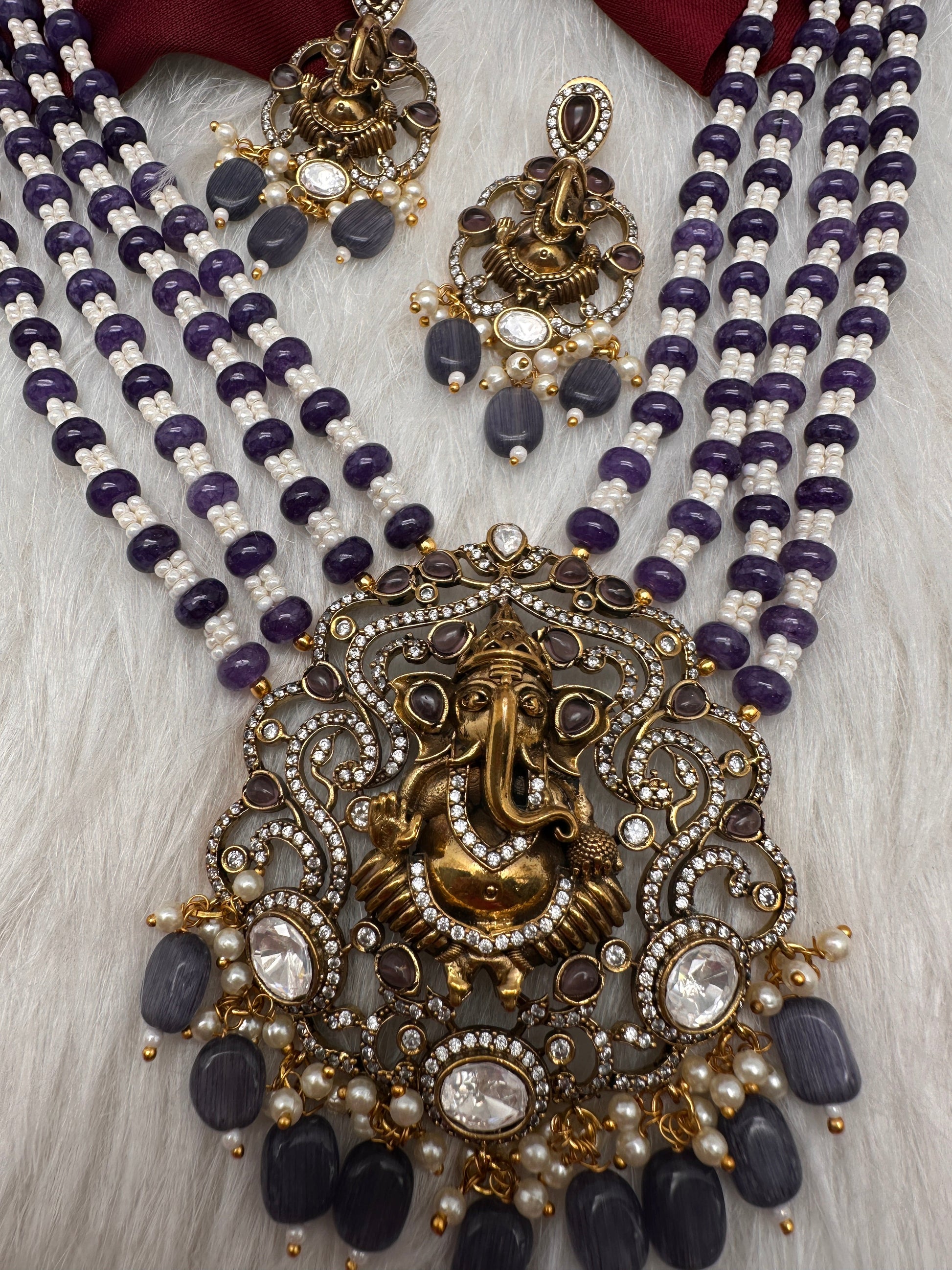Ganesha Geru Finish Beads Color Stone Necklace - Purple
