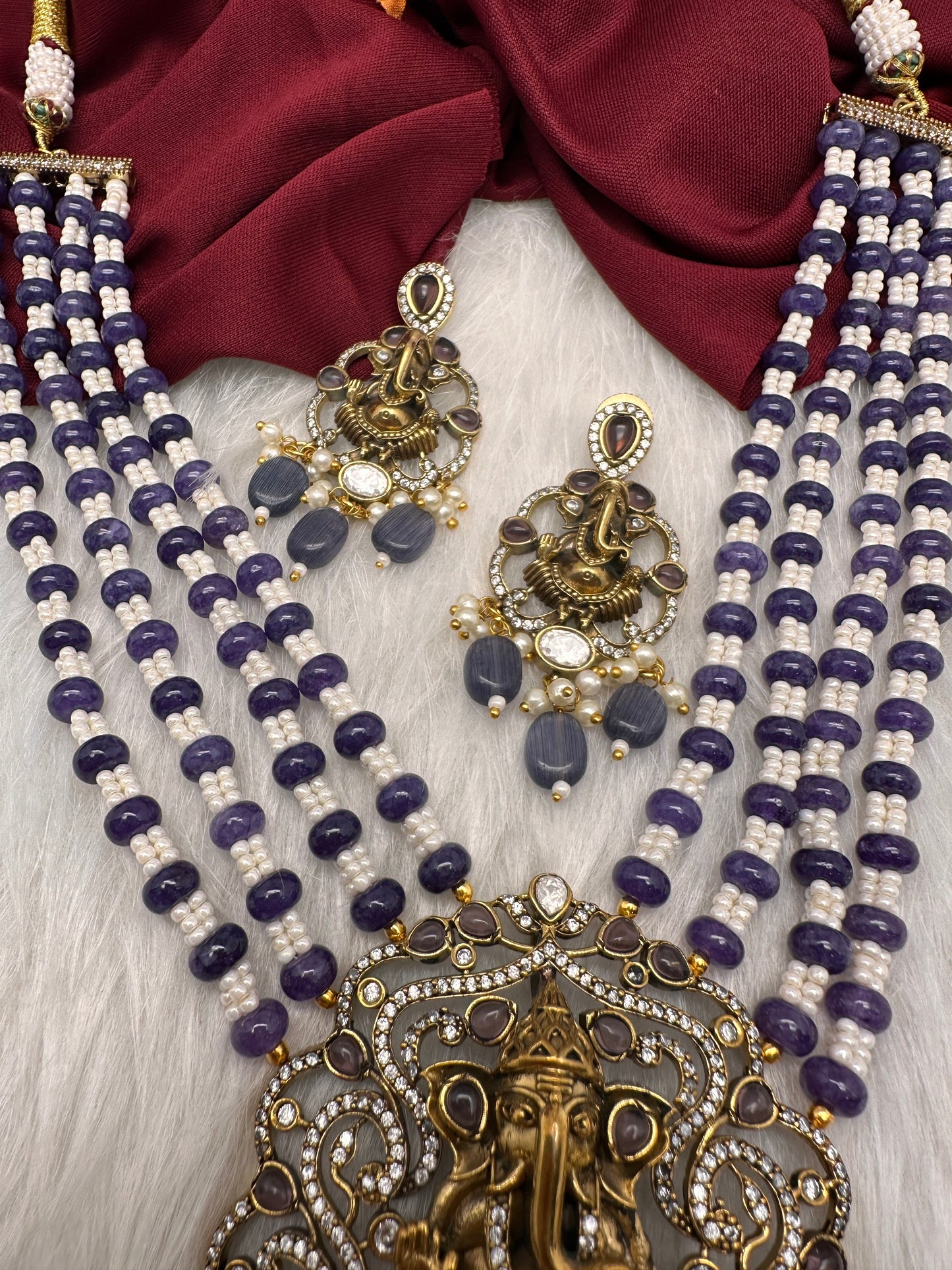 Ganesha Geru Finish Beads Color Stone Necklace - Purple