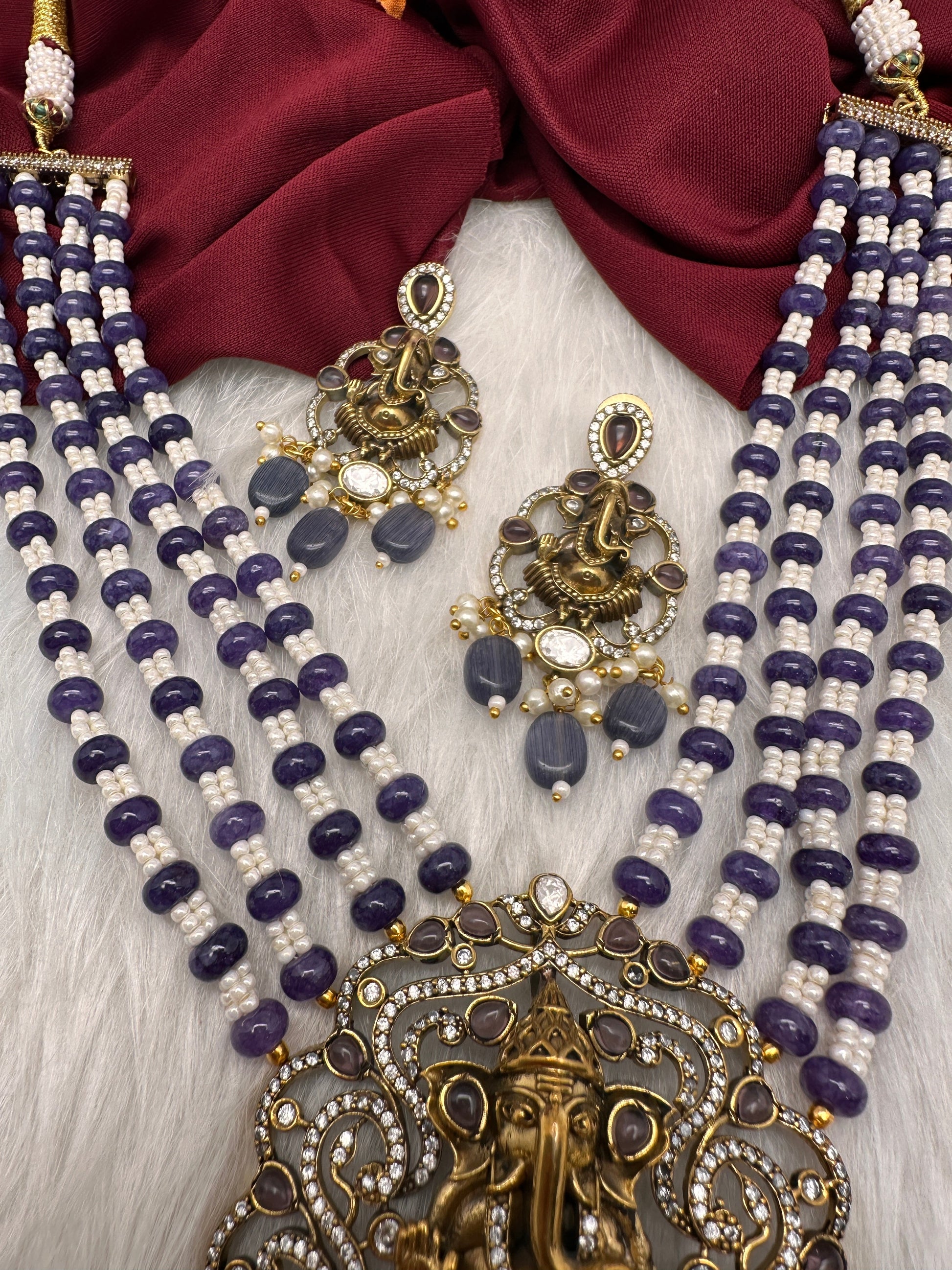 Ganesha Geru Finish Beads Color Stone Necklace - Purple